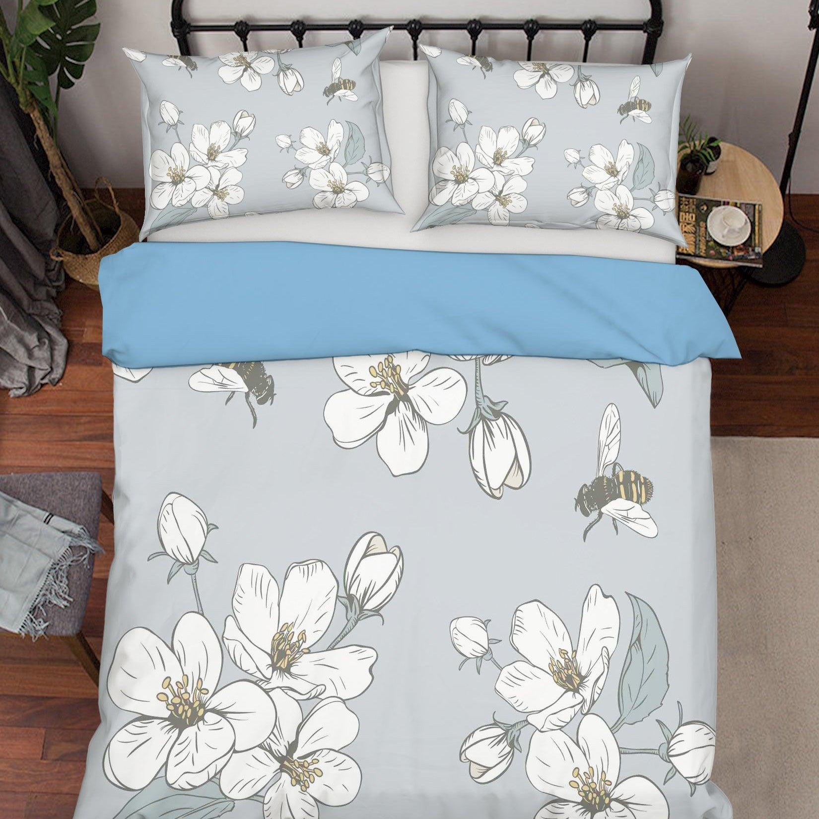 3D White Flowers Bee Quilt Cover Set Bedding Set Pillowcases  211- Jess Art Decoration