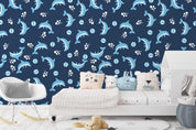 3D Cartoon Hand Drawn Blue Ocean Dolphin Fish Square Pattern Wall Mural Wallpaper LXL- Jess Art Decoration