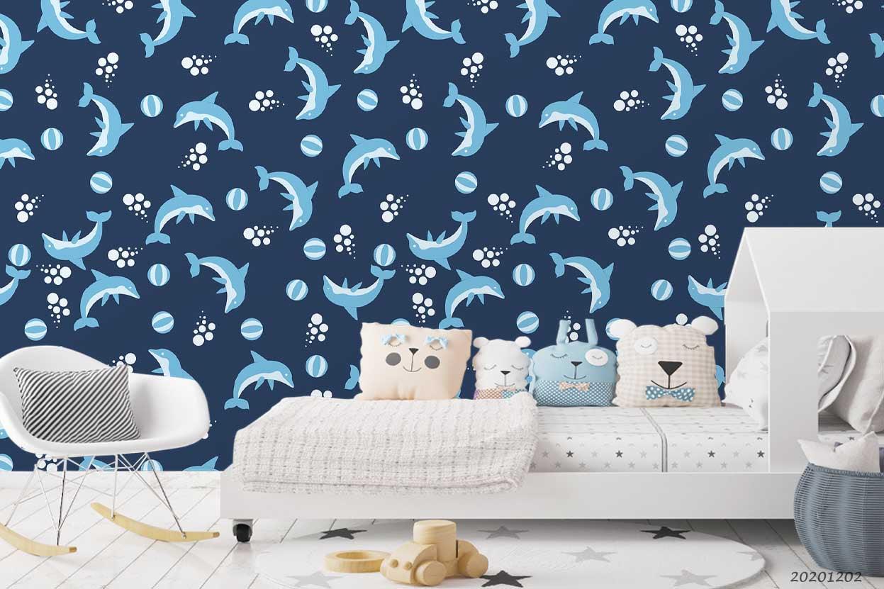 3D Cartoon Hand Drawn Blue Ocean Dolphin Fish Square Pattern Wall Mural Wallpaper LXL- Jess Art Decoration