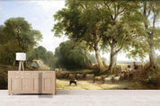 3D Hand Drawn Countryside Scenery Oil Painting Trees Flock Children Dog Houses Wall Mural Wallpaper GD 1945- Jess Art Decoration