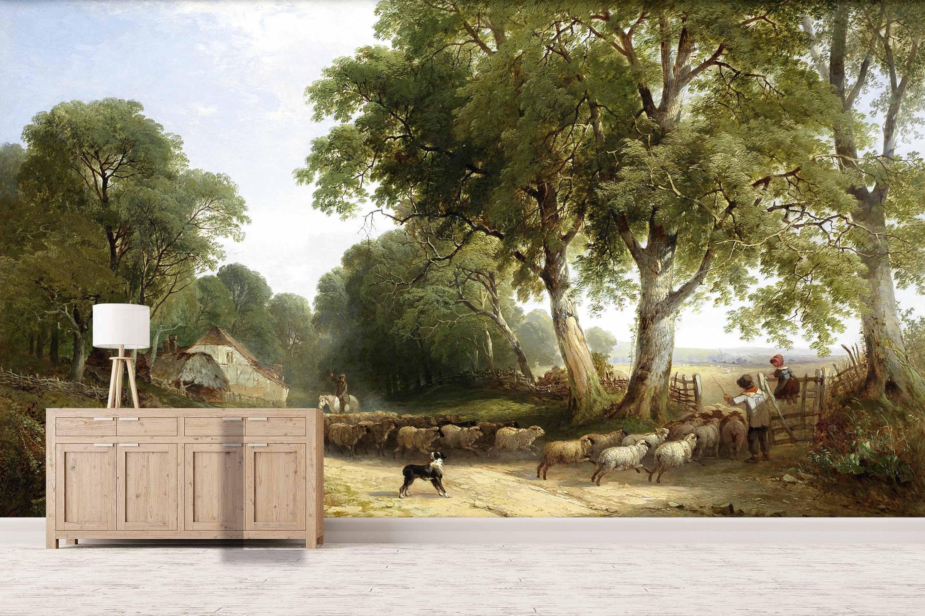 3D Hand Drawn Countryside Scenery Oil Painting Trees Flock Children Dog Houses Wall Mural Wallpaper GD 1945- Jess Art Decoration