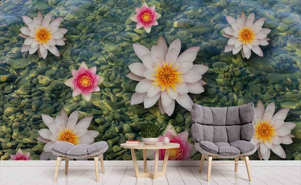 3D Pond White Lotus Wall Mural Wallpaper 130- Jess Art Decoration