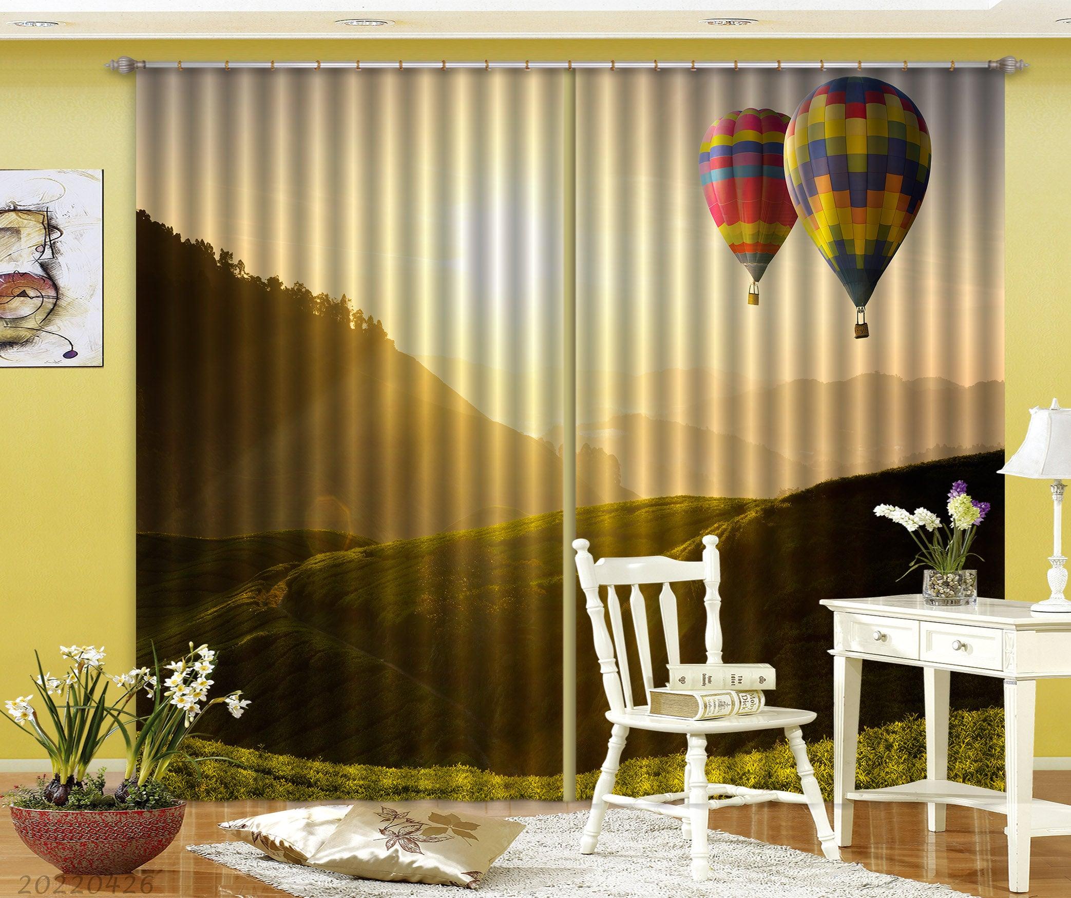 3D Landscape Mountain Green Plant Sunset Hot Air Balloon Curtains and Drapes GD 4911- Jess Art Decoration