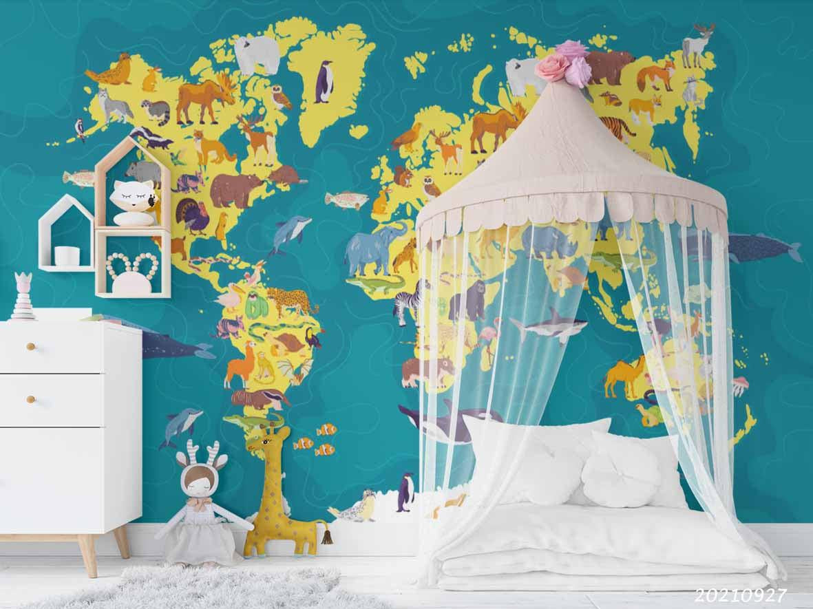 3D Blue World Map Kids Wall Mural Wallpaper LQH 170- Jess Art Decoration