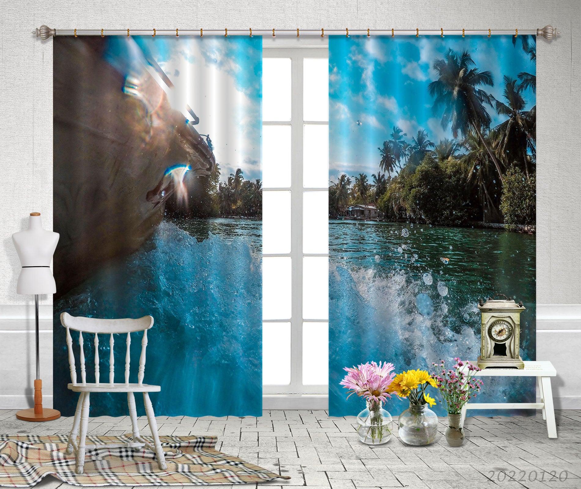 3D Coconut Tree Blue Sea Water Droplet Curtains and Drapes GD 1563- Jess Art Decoration