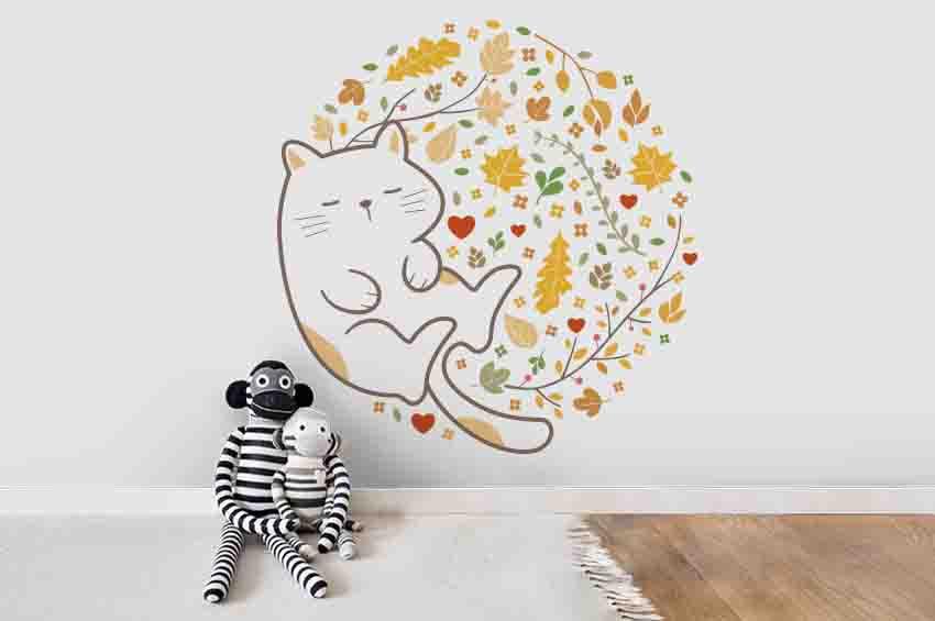 3D Cartoon Cat Yellow Leaf Wall Mural Wallpaper A233 LQH- Jess Art Decoration