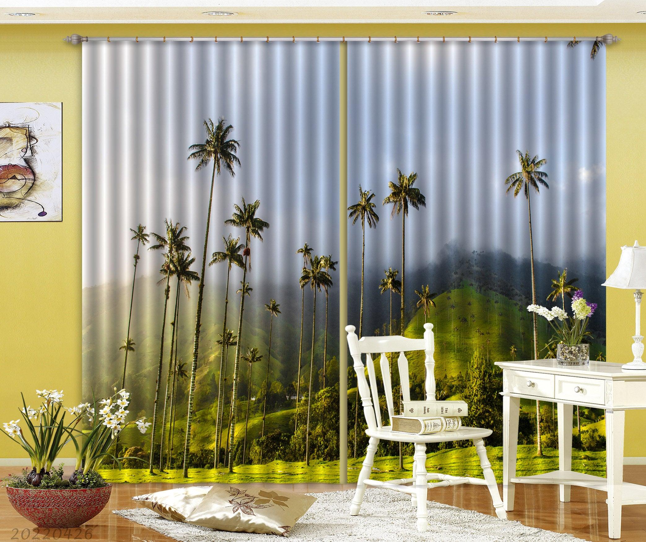 3D Landscape Mountain Green Plant Coconut Tree Fog Curtains and Drapes GD 4756- Jess Art Decoration