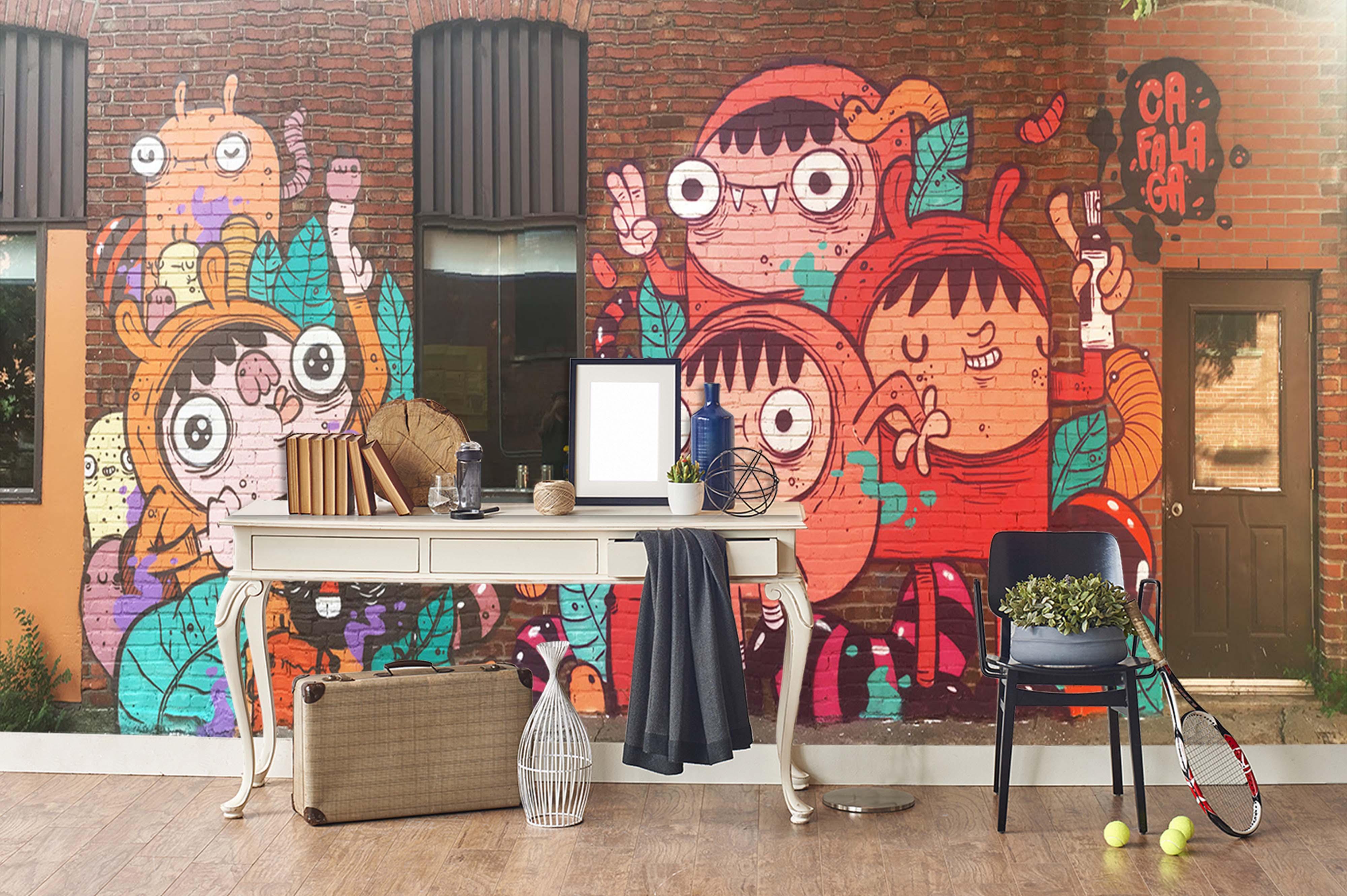 3D Red Brick Cartoon Monster Wall Mural Wallpaper 251- Jess Art Decoration