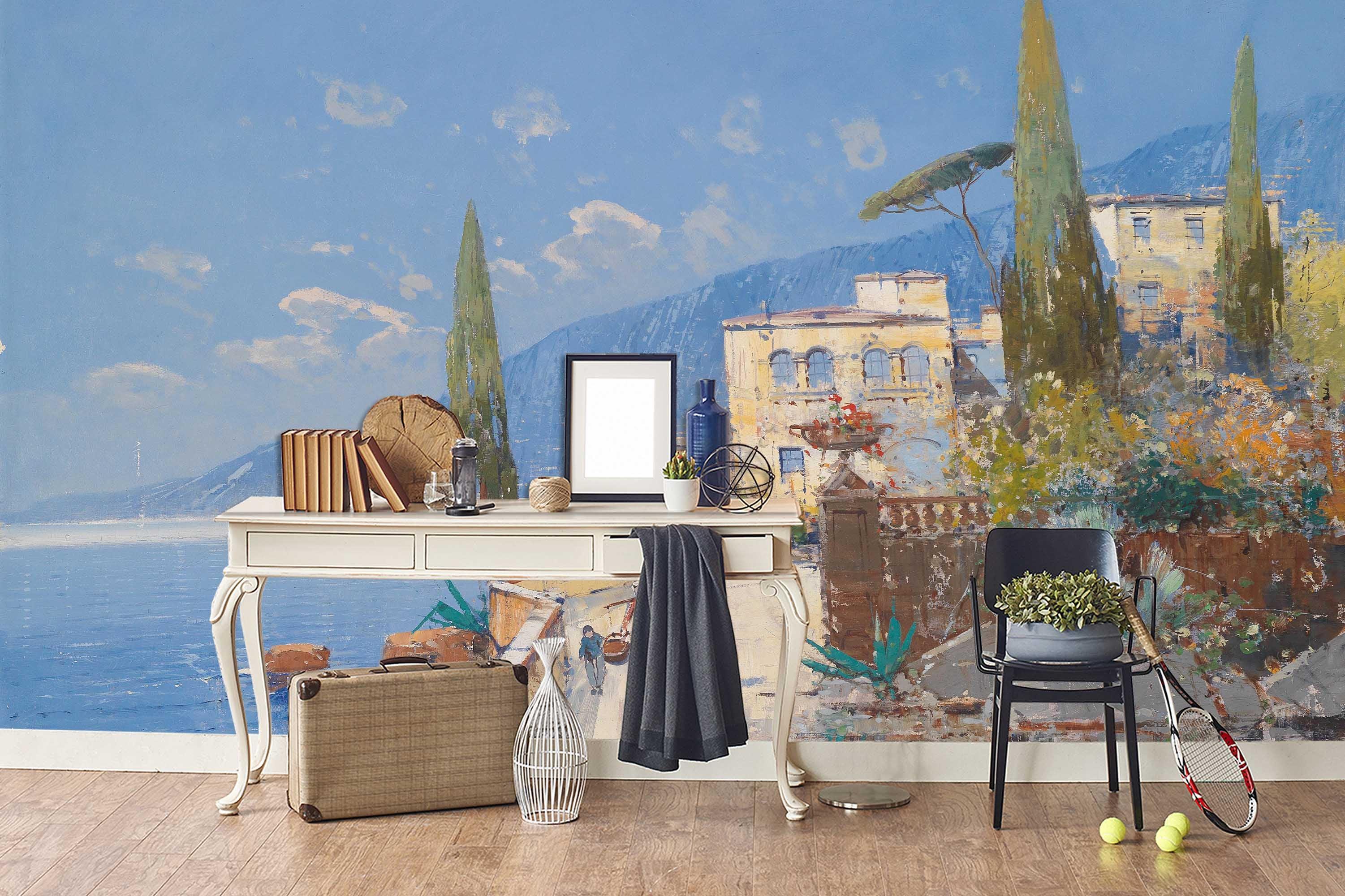 3D blue beach village wall mural wallpaper 27- Jess Art Decoration