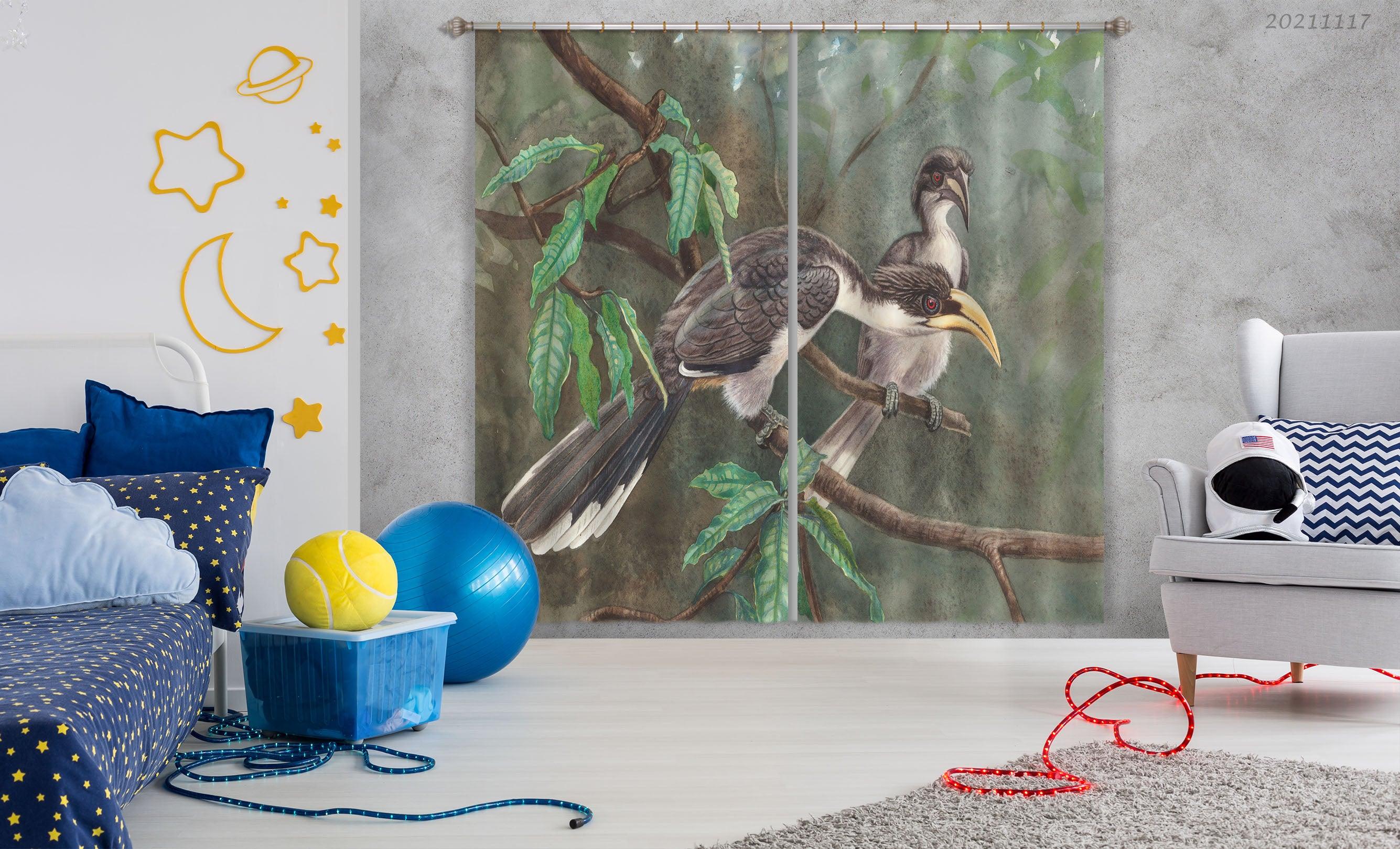 3D Forest Animal Hornbill Curtains and Drapes LQH 213- Jess Art Decoration