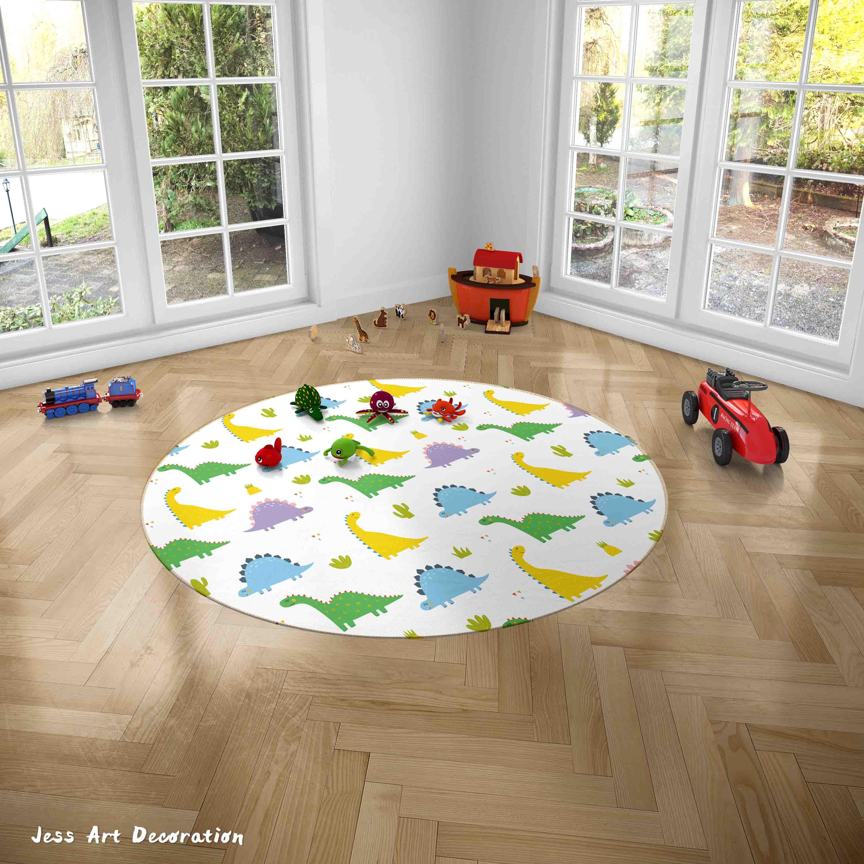 3D Cartoon Animal Dinosaur Color Kids Non-Slip Round Rug Mat 23- Jess Art Decoration