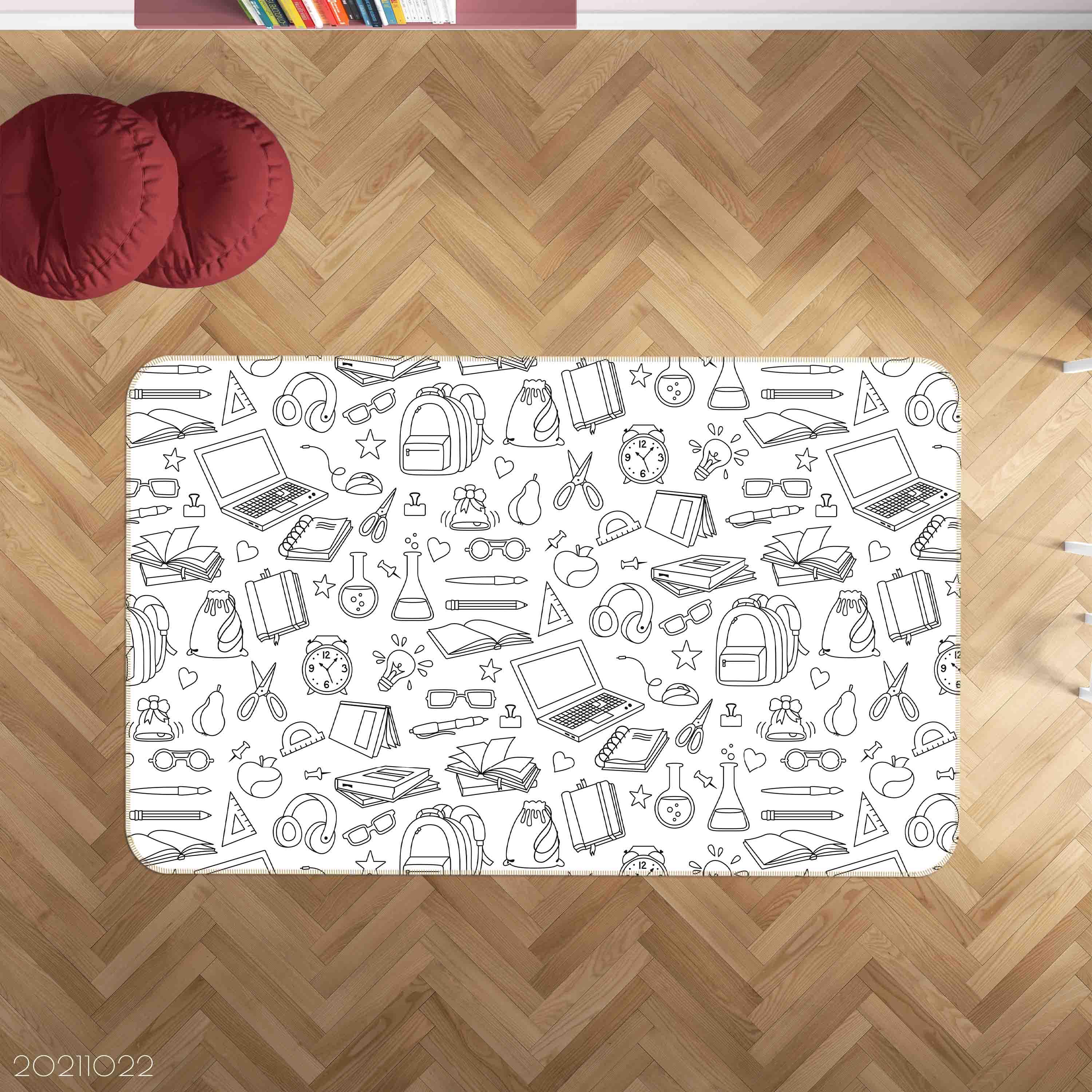 3D Abstract School Supplies Illustrations Doodle Non-Slip Rug Mat 3- Jess Art Decoration