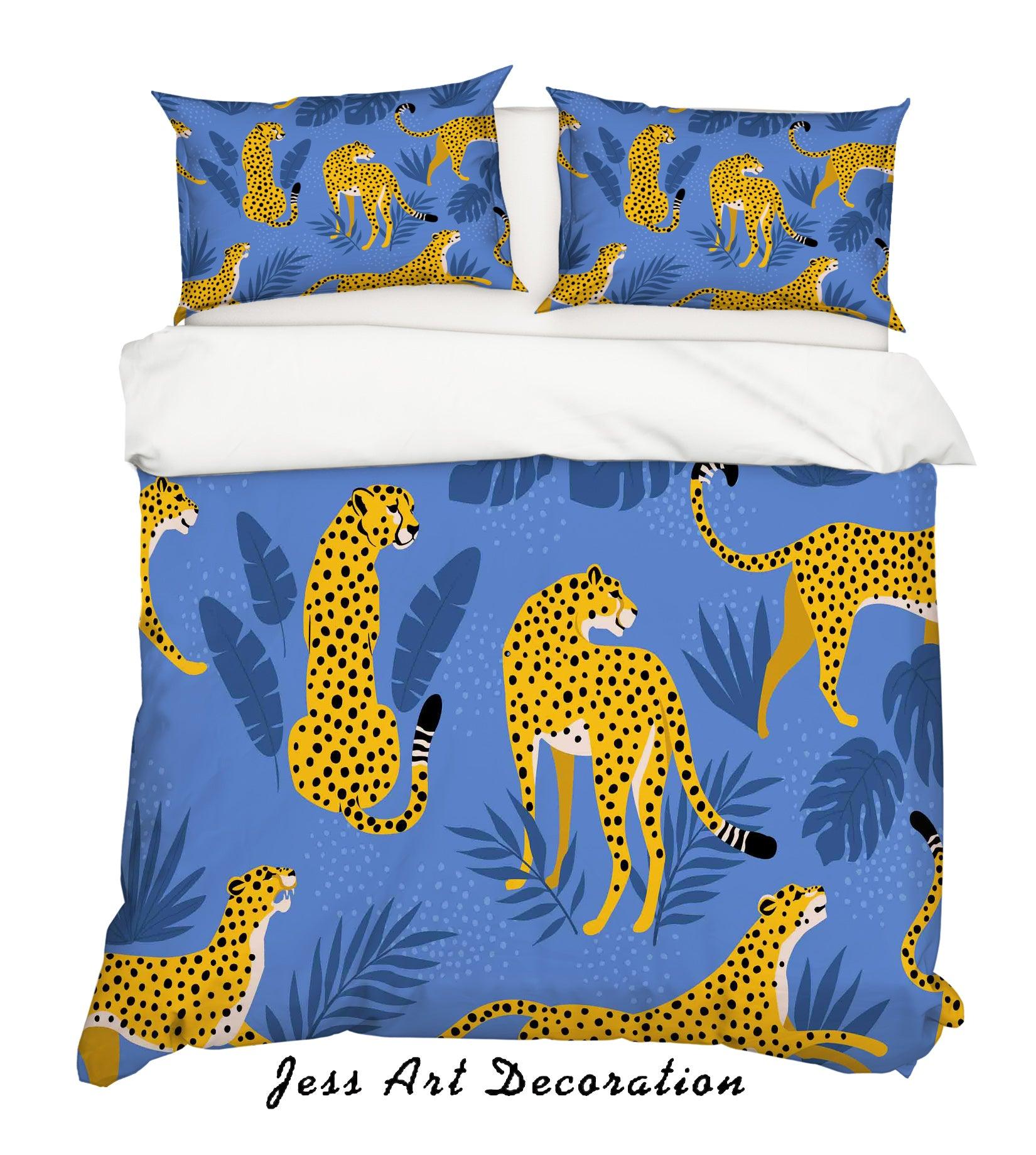 3D Cartoon Leopard Blue Leaf Quilt Cover Set Bedding Set Pillowcases 96- Jess Art Decoration
