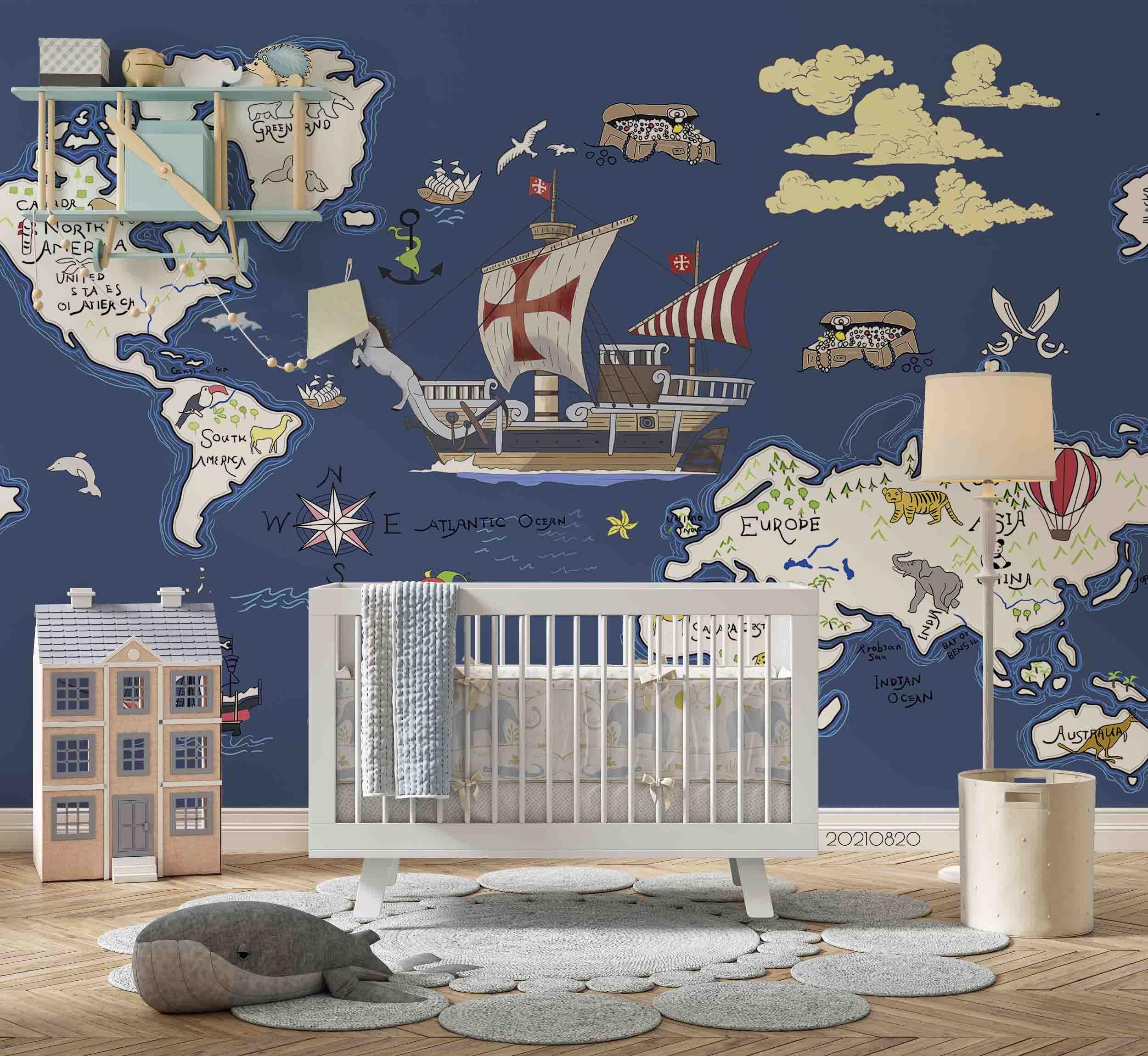 3D Nautical World Map Wall Mural Wallpaper LQH 388- Jess Art Decoration