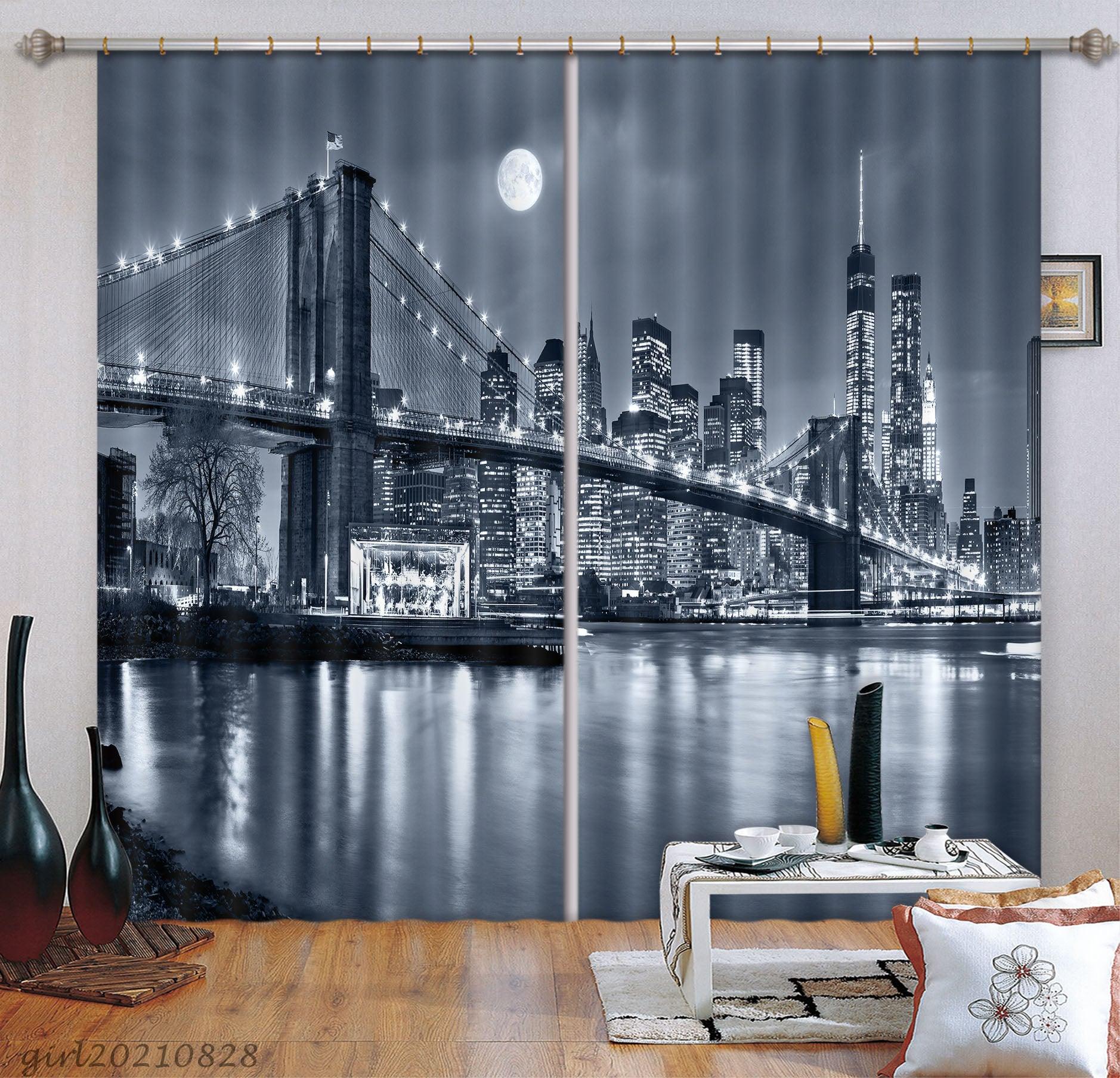 3D Night Sky Moon City Sea Bridge Landscape Curtains and Drapes LQH 70- Jess Art Decoration