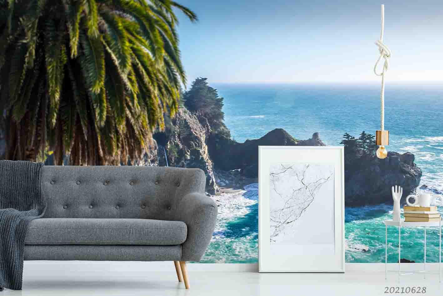 3D Tropical Ocean Rock Palm Wall Mural Wallpaper LQH 8- Jess Art Decoration