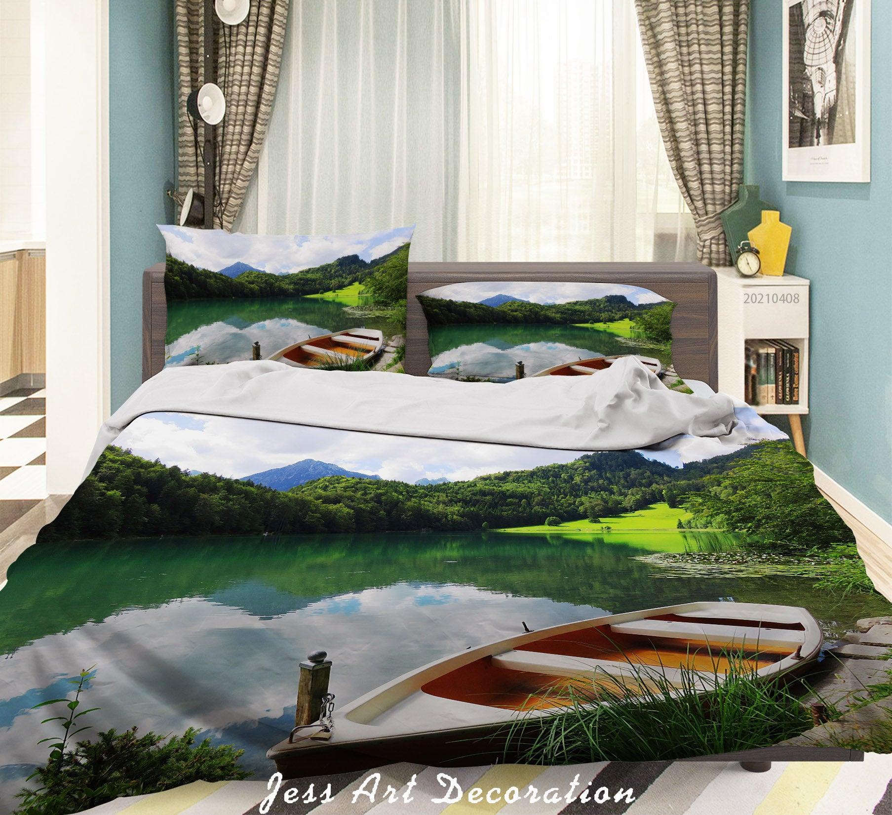 3D Landscape Green Forest Lake Boat Quilt Cover Set Bedding Set Duvet Cover Pillowcases 256- Jess Art Decoration
