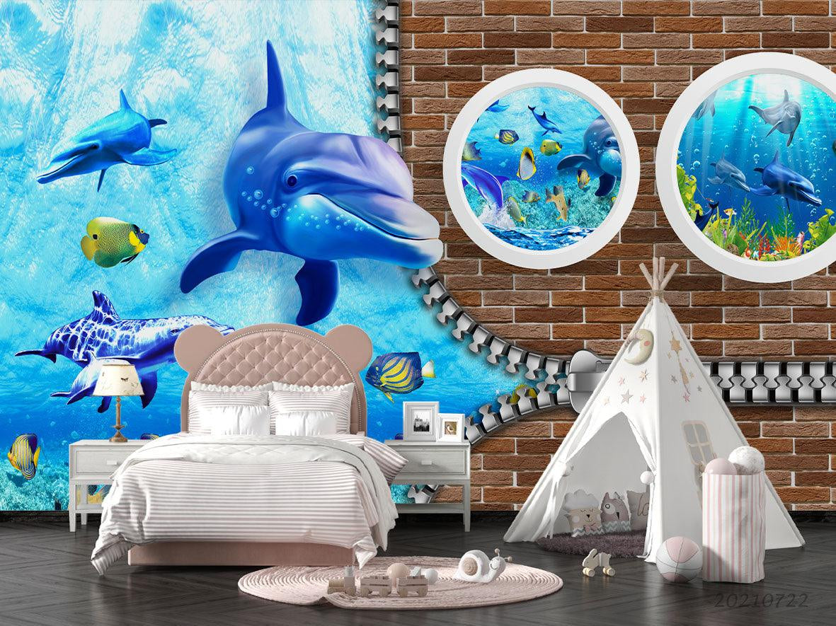 3D Dolphin Underwater World Wall Mural Wallpaper LQH 337- Jess Art Decoration
