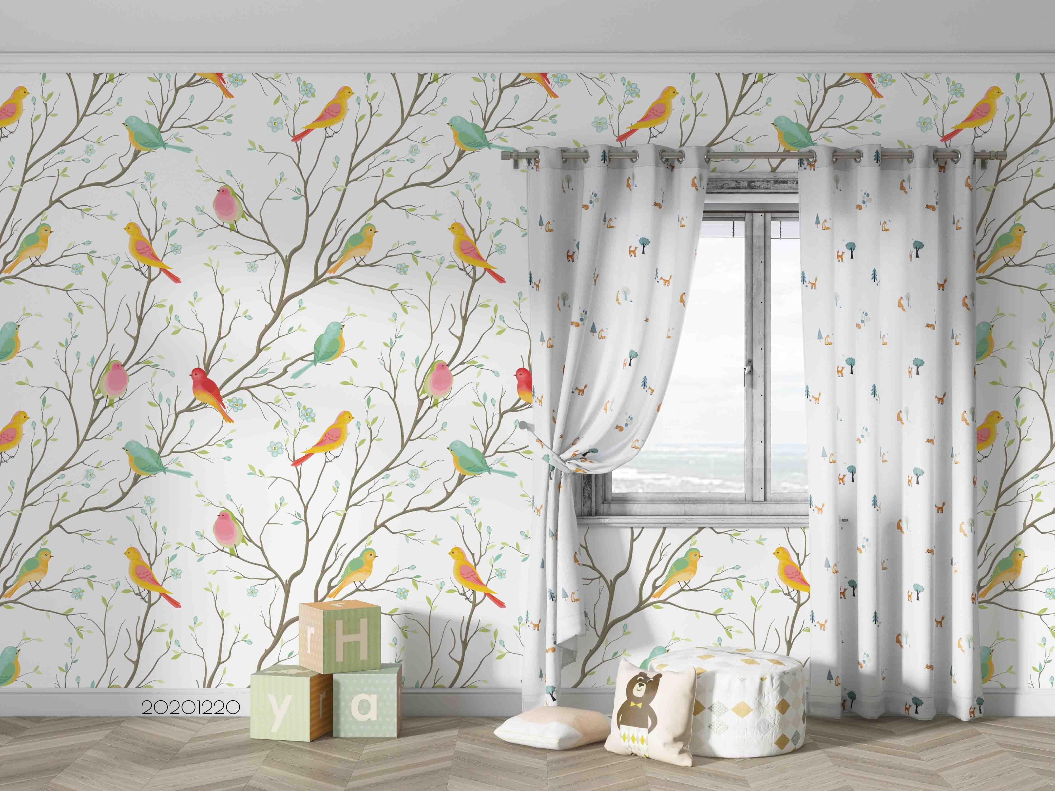 3D Hand Drawn Animal Color Bird Branch Wall Mural Wallpaper LQH 77- Jess Art Decoration