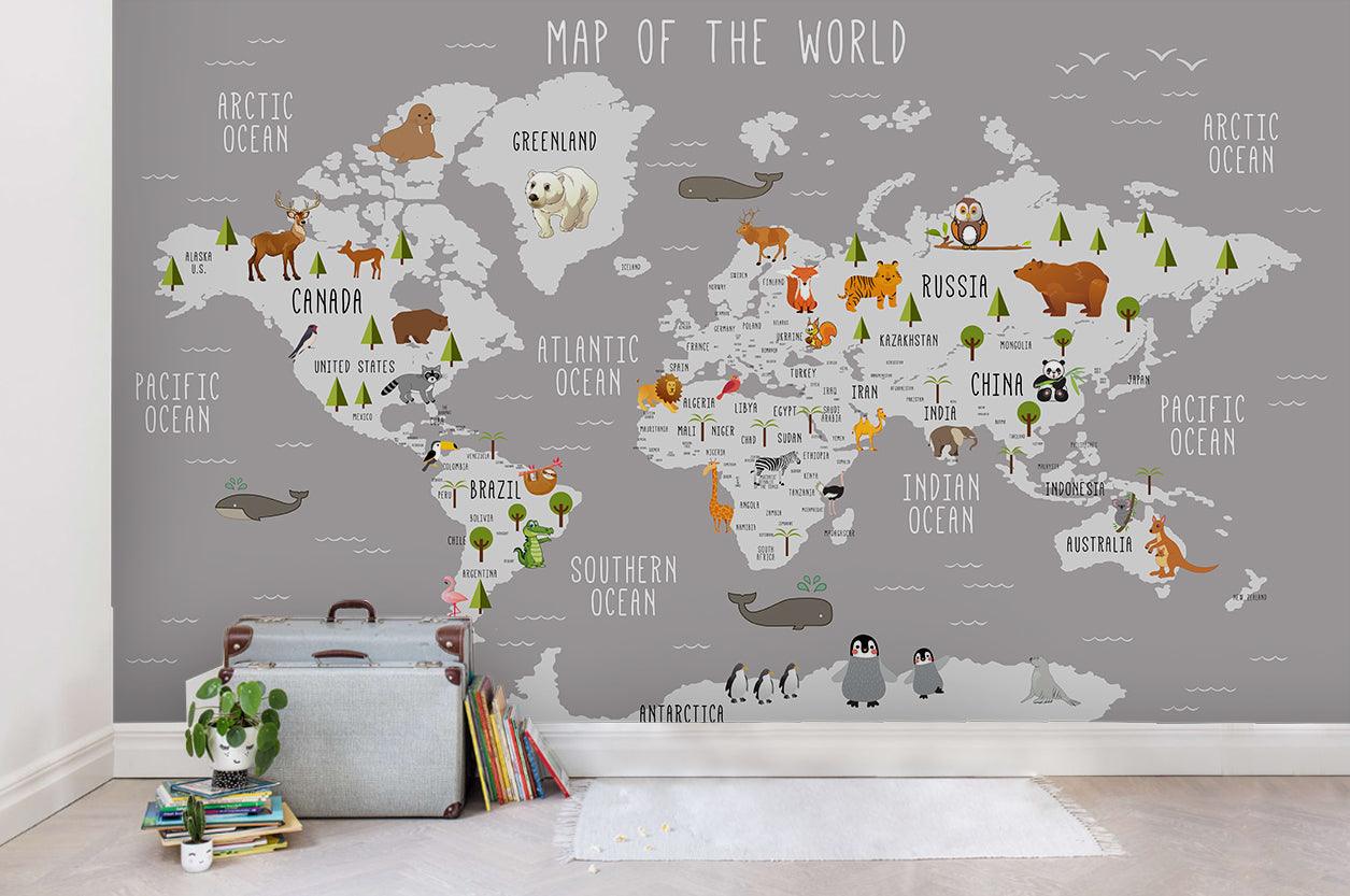 3D Grey Animals World Map Wall Mural Wallpaper 26- Jess Art Decoration