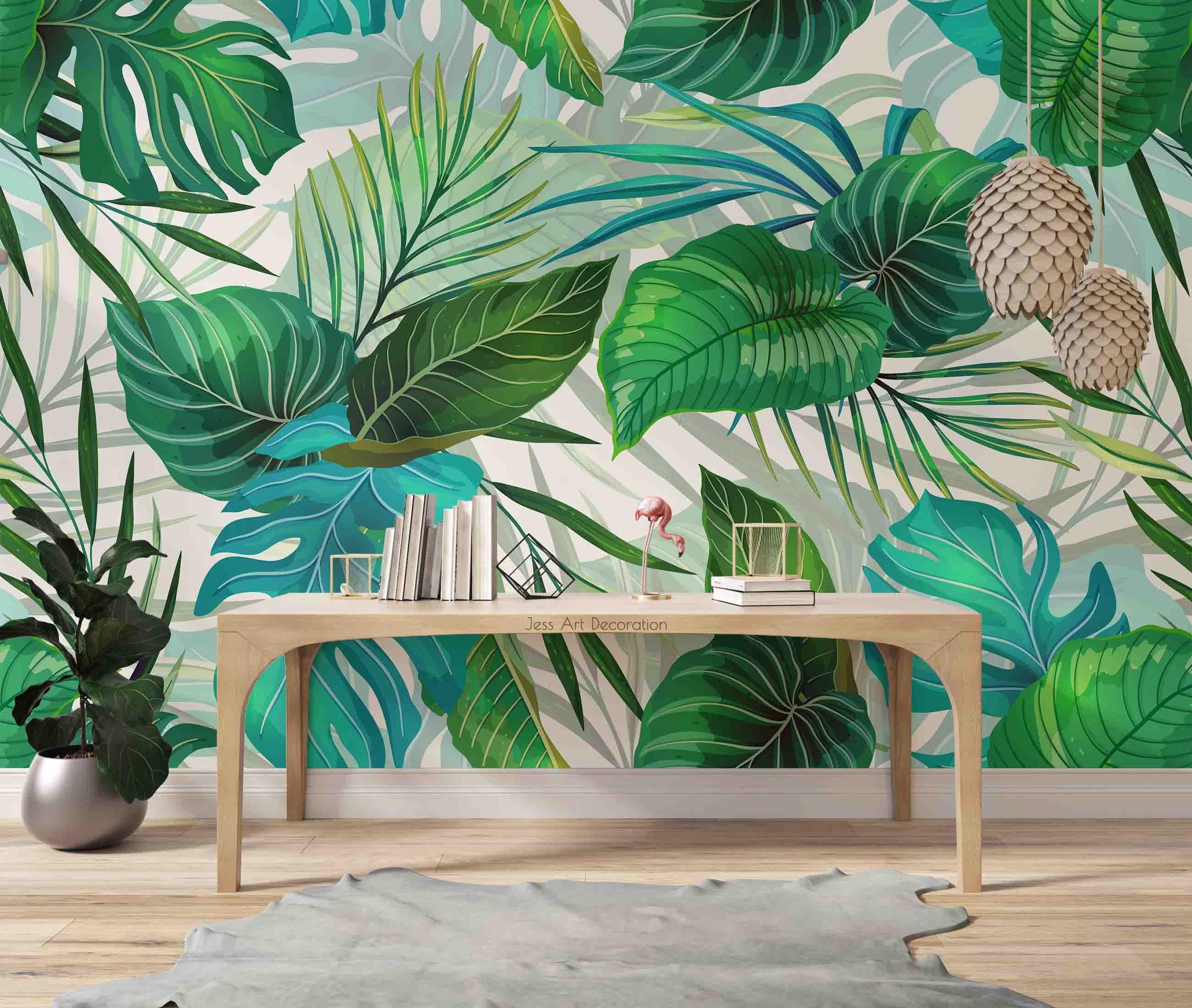 3D Watercolor Leaves Pattern Wall Mural Wallpaper  sww 34- Jess Art Decoration