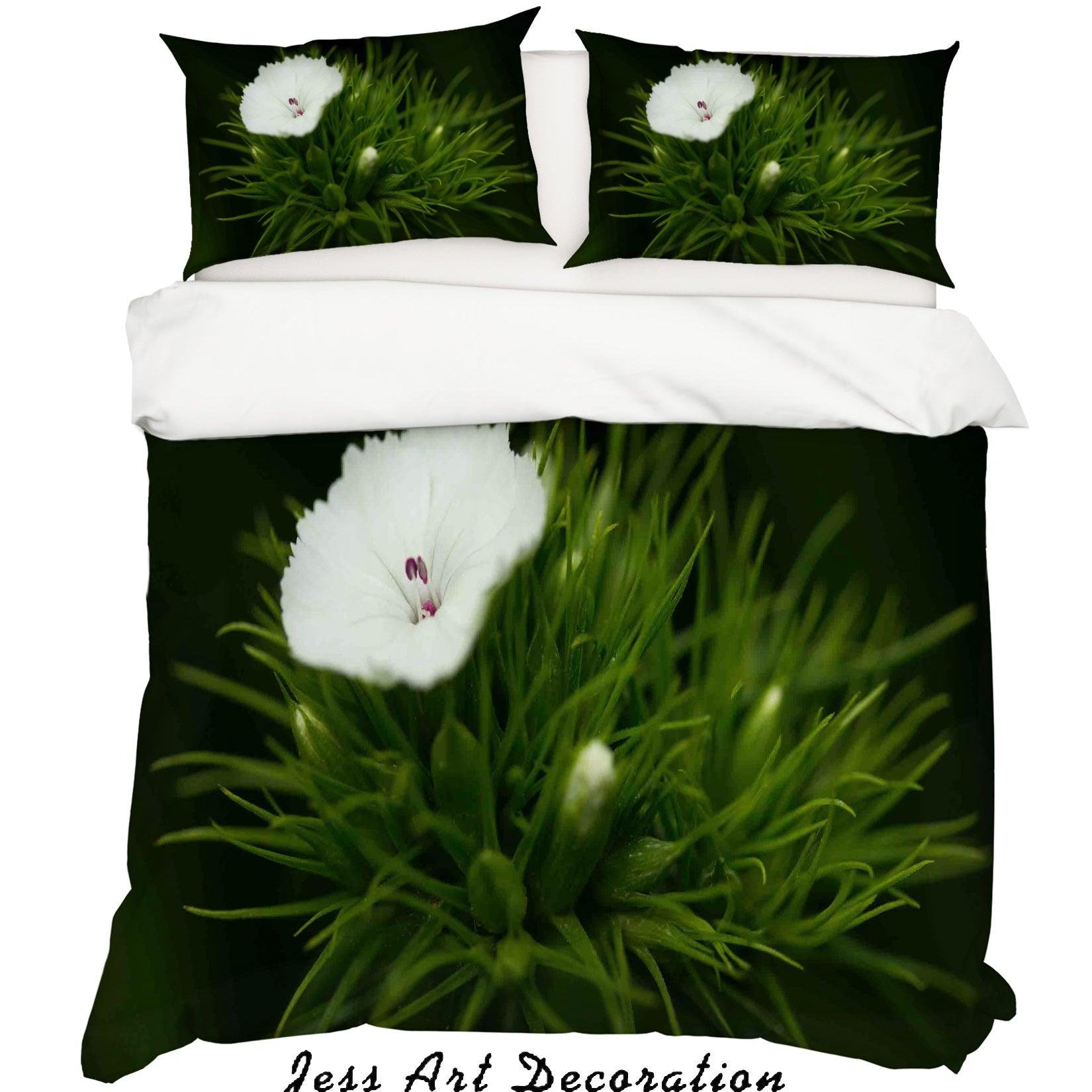3D White Flowers Green Leaves Quilt Cover Set Bedding Set Duvet Cover Pillowcases LQH A149- Jess Art Decoration