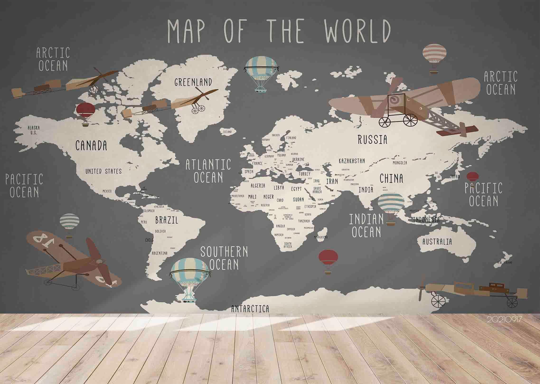 3D Gray World Map Airplane Wall Mural Wallpaper LQH 90- Jess Art Decoration