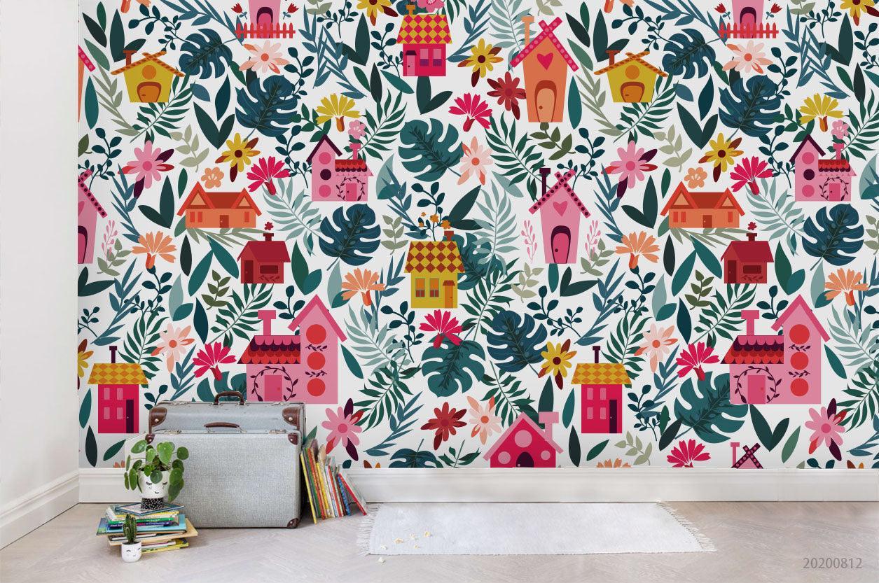 3D Cartoon Colorful Floral House Green Leaves Wall Mural Wallpaper LXL 1123- Jess Art Decoration