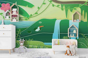 3D Cartoon Green Forest Plant Pink Floral Bird Wall Mural Wallpaper LXL- Jess Art Decoration