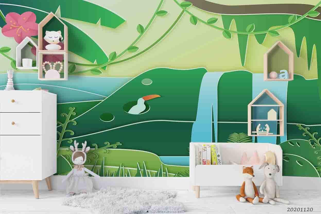 3D Cartoon Green Forest Plant Pink Floral Bird Wall Mural Wallpaper LXL- Jess Art Decoration