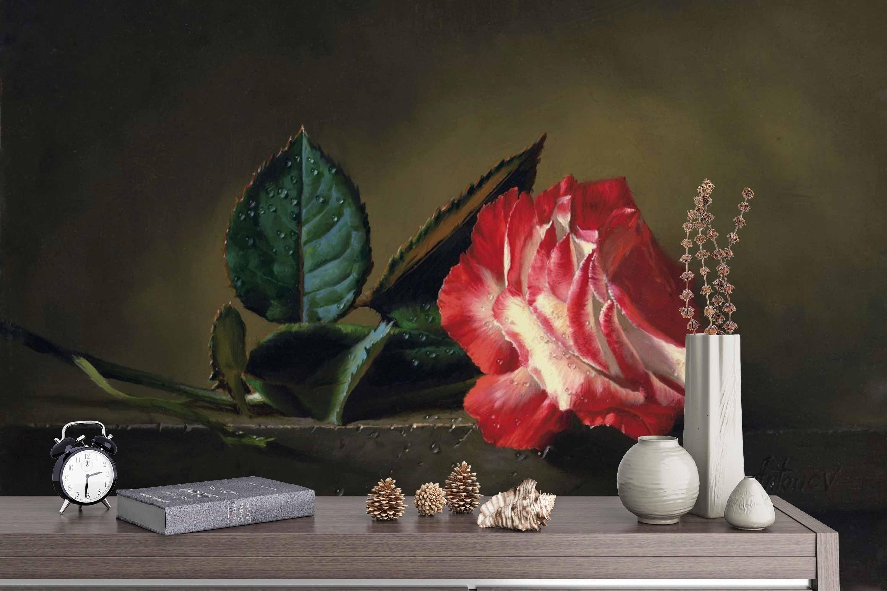 3D Red Floral Green Leaves Oil Painting Wall Mural Wallpaper 43- Jess Art Decoration
