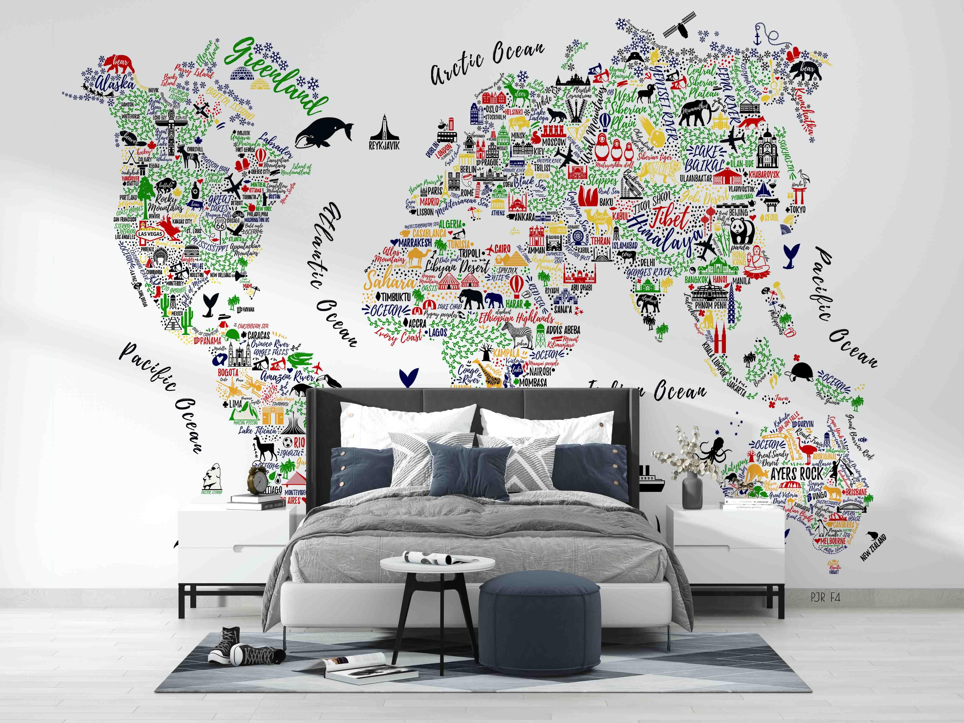 3D World Map Aninmal Wall Mural Wallpaper WJ 5249- Jess Art Decoration