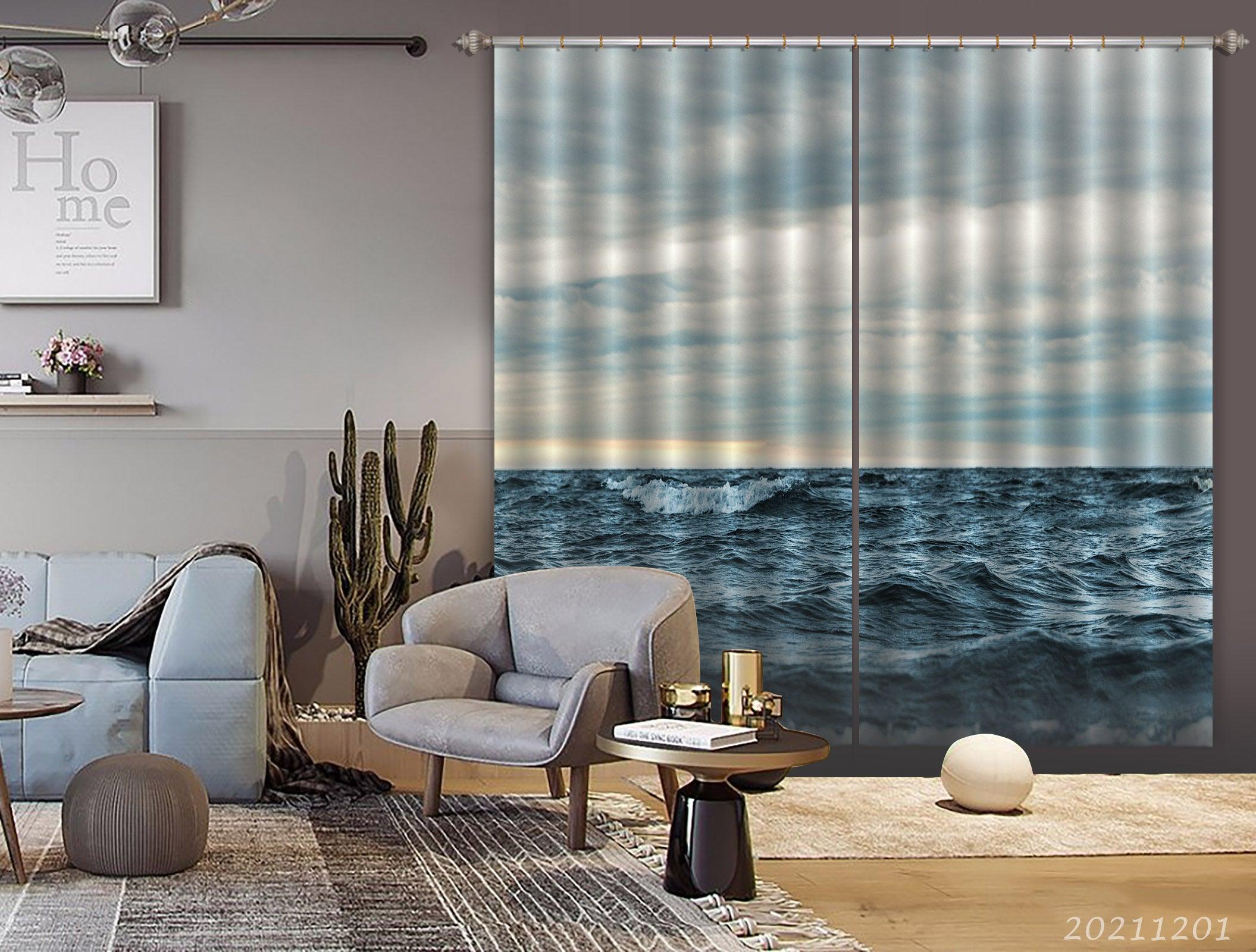 3D Sea Wave Sky Blue Landscape Curtains and Drapes LLL 303- Jess Art Decoration