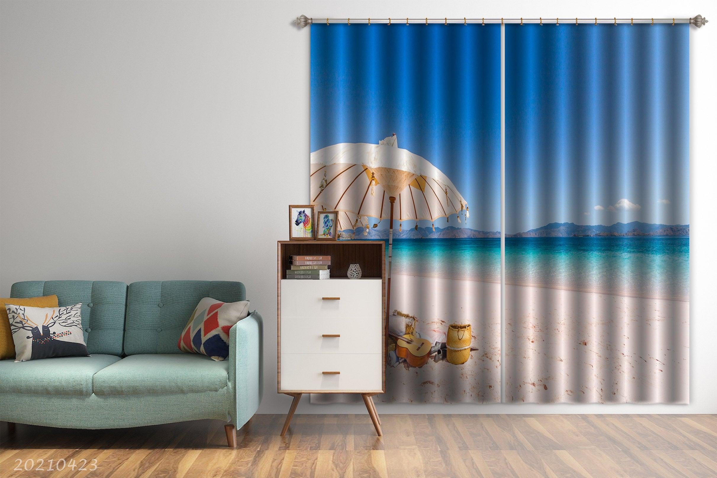 3D Beach Blue Sea Guitar Sun Umbrella Curtains and Drapes GD 1277- Jess Art Decoration