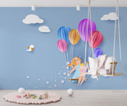 3D Cartoon Balloon Swing Sky Cloud Bird Wall Mural Wallpaper GD 287- Jess Art Decoration