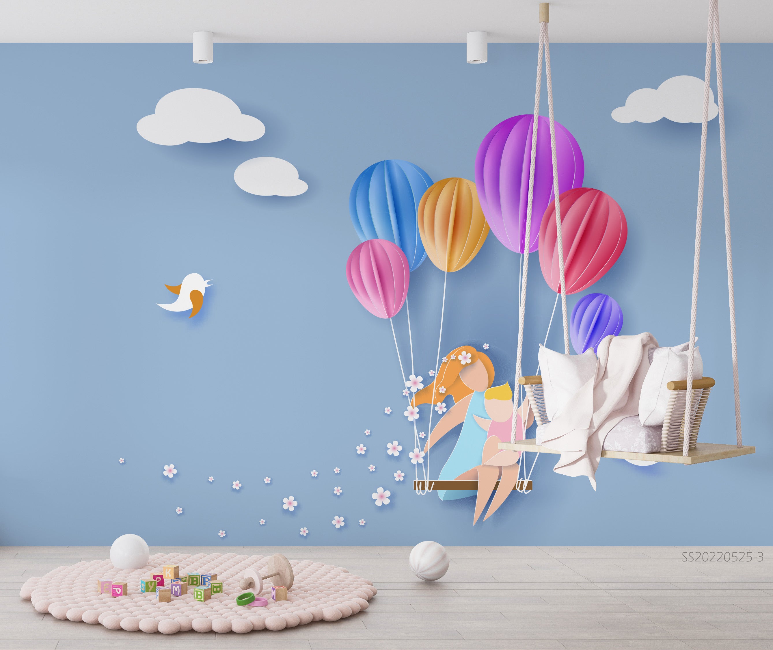 3D Cartoon Balloon Swing Sky Cloud Bird Wall Mural Wallpaper GD 287- Jess Art Decoration
