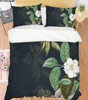 3D White Flowers Green Leaves Quilt Cover Set Bedding Set Pillowcases 189- Jess Art Decoration