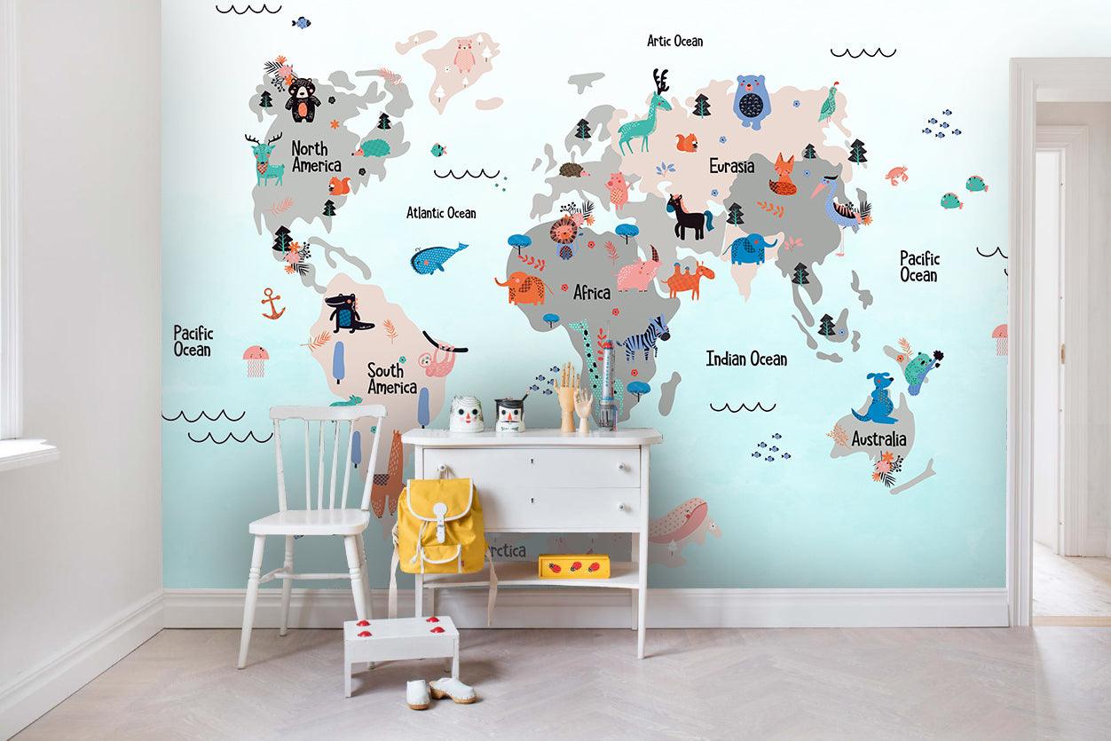 3D animals world map wall mural wallpaper 42- Jess Art Decoration