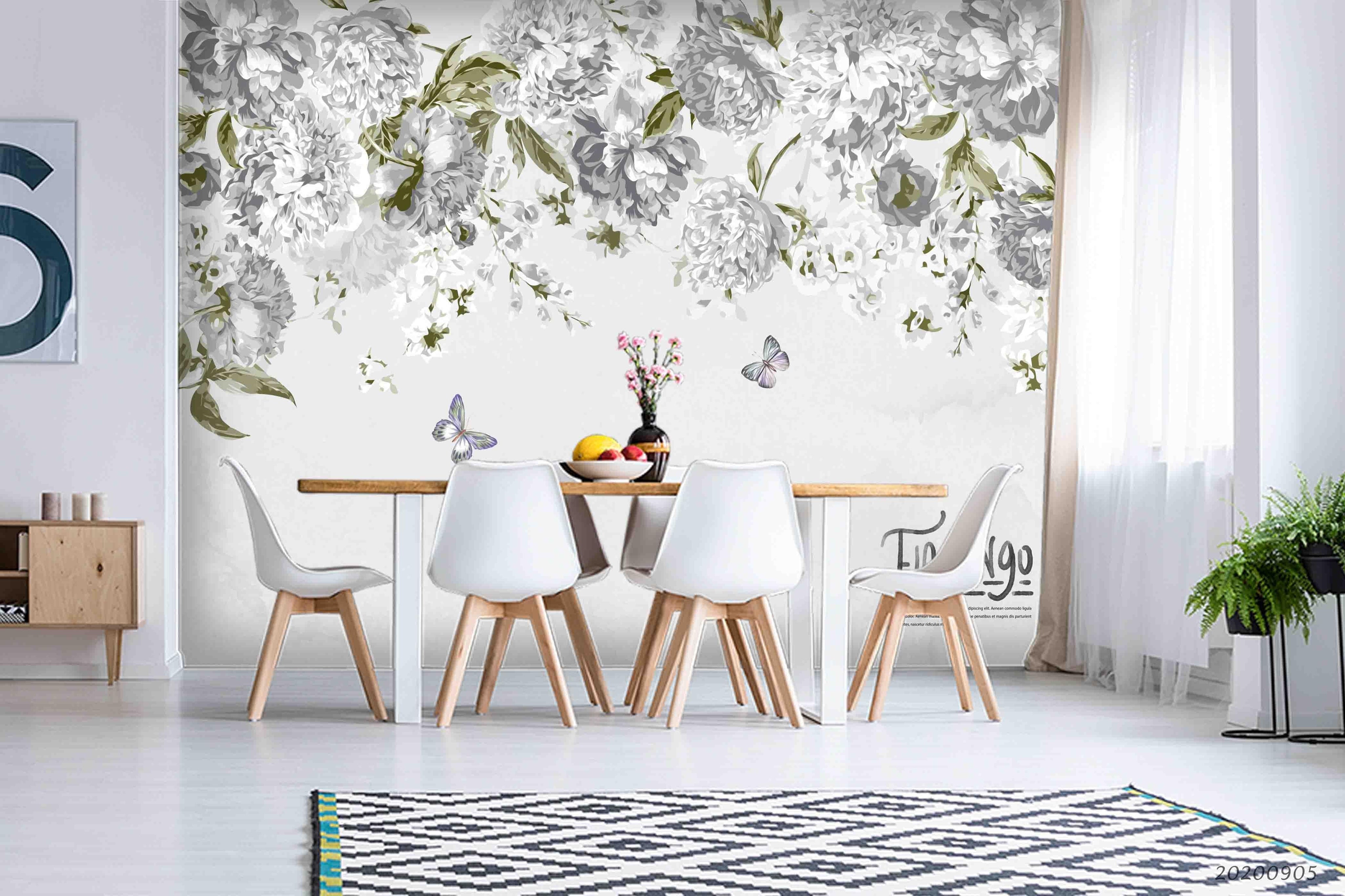 3D Hand Drawn Modern Simple White Peony Flower Green Leaf Butterfly Wall Mural Wallpaper GD 1922- Jess Art Decoration