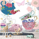 3D Vintage Butterfly Colorful Floral Tea Cup Teapot Wall Mural Wallpaper LXL 1585- Jess Art Decoration