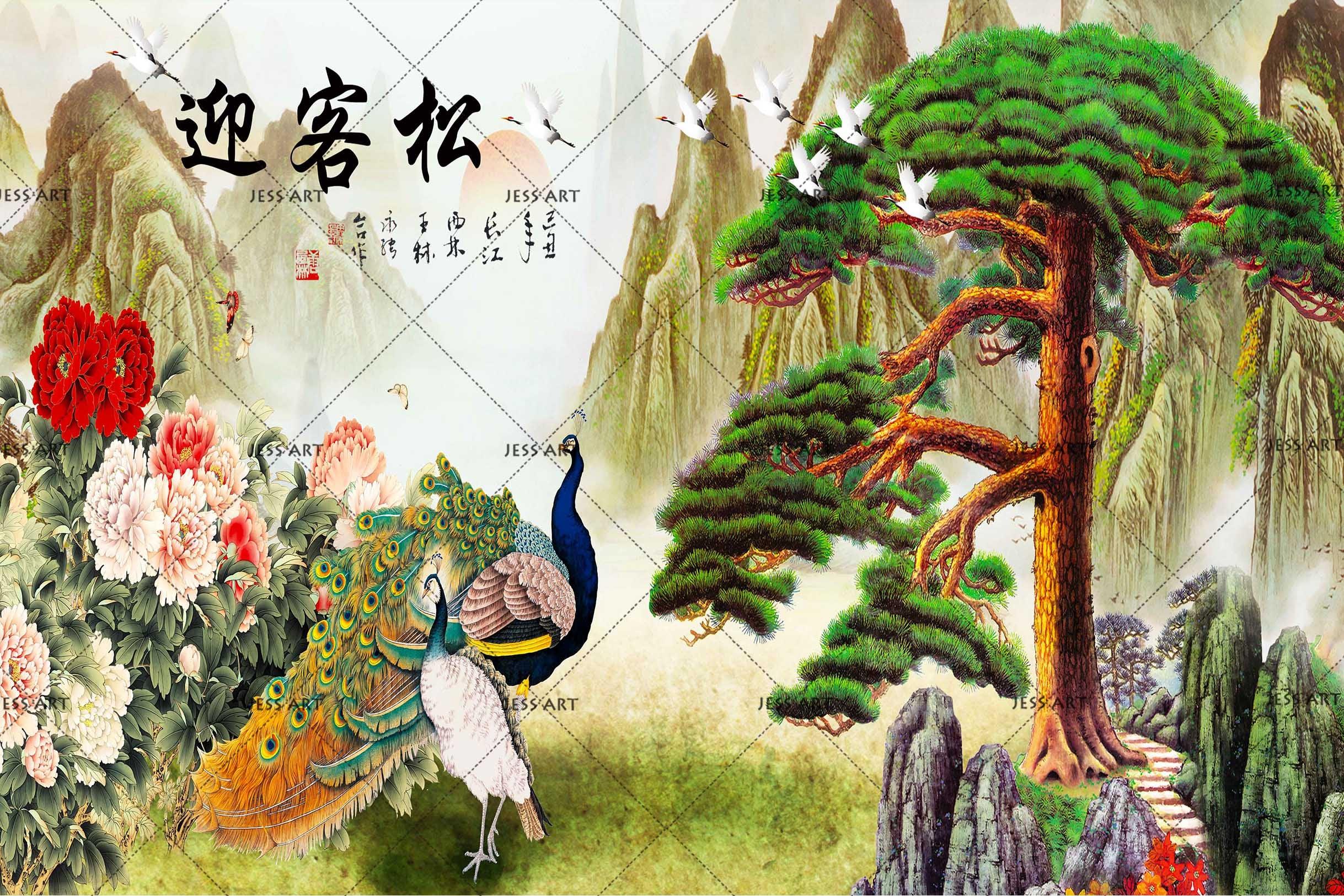 3D Chinese Peacock Welcome Pine Wall Mural Wallpaper 199- Jess Art Decoration