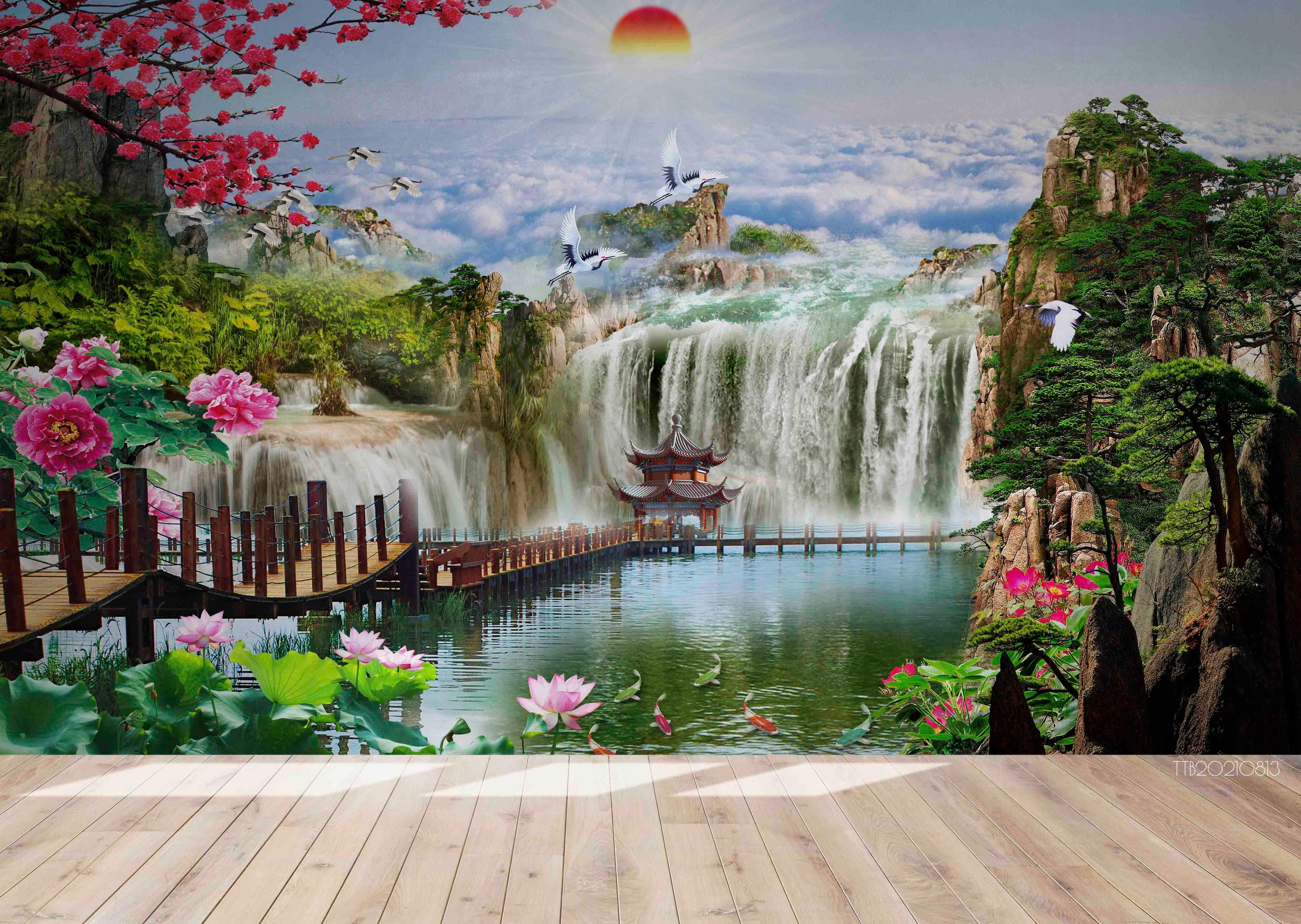 3D Chinese Style Landscape Painting Waterfall Wall Mural WallpaperSWW5100- Jess Art Decoration