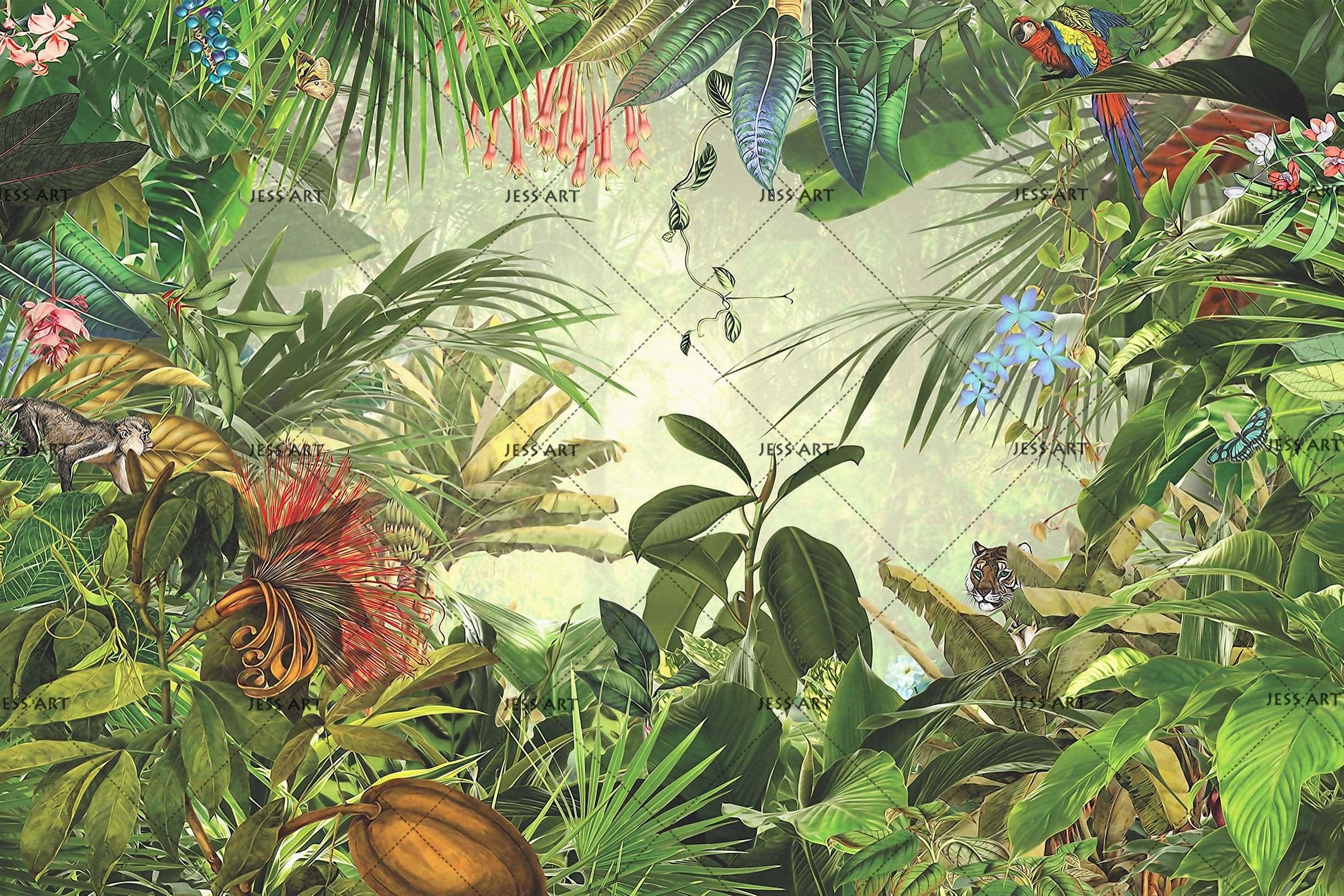 3D Hand Drawn Tropical Jungle Leaf Wall Mural Wallpaper LQH 4- Jess Art Decoration