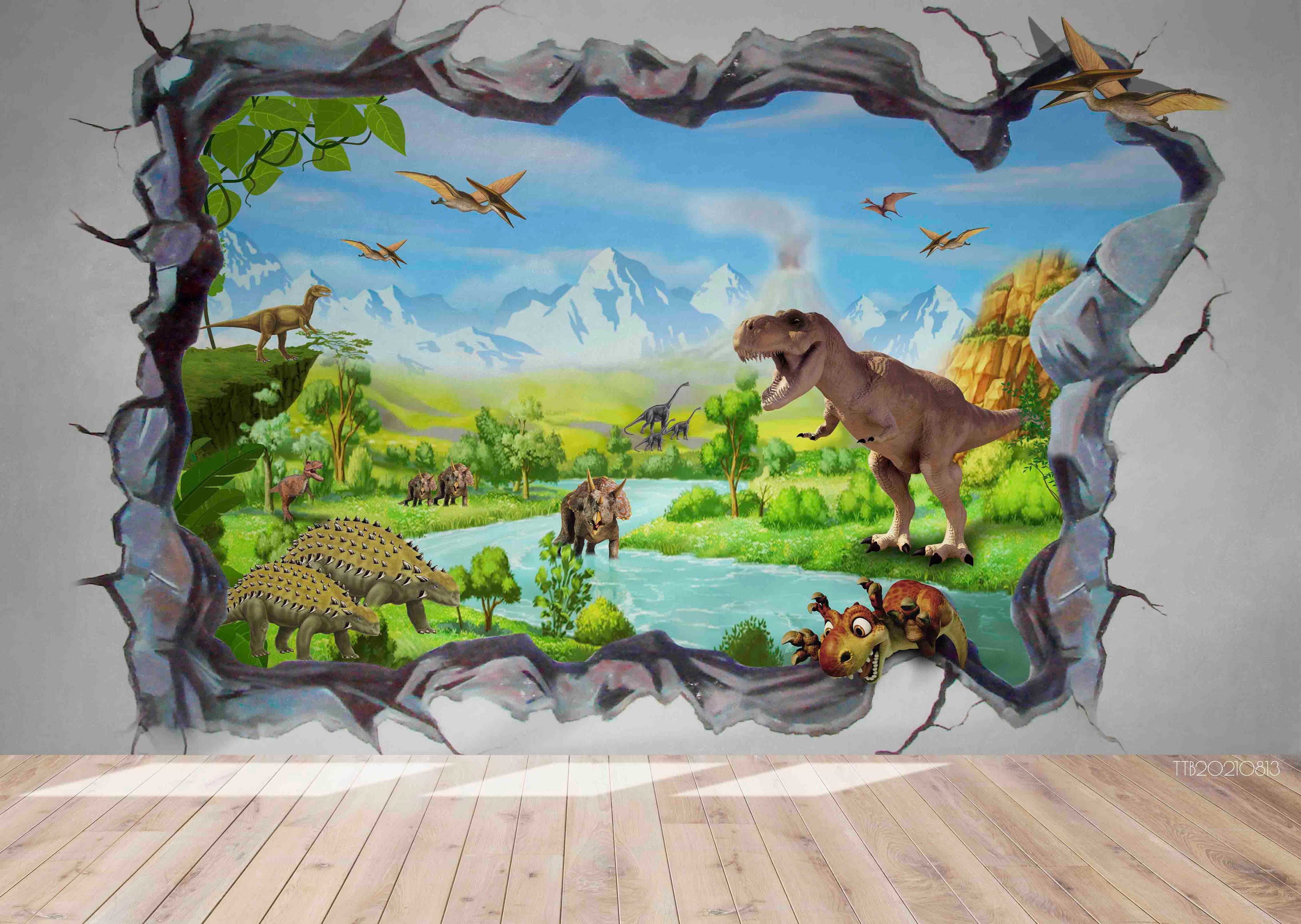 3D Destroyed Cartoon Rain Forest Dinosaur Wall Mural Wallpaper SWW5102- Jess Art Decoration