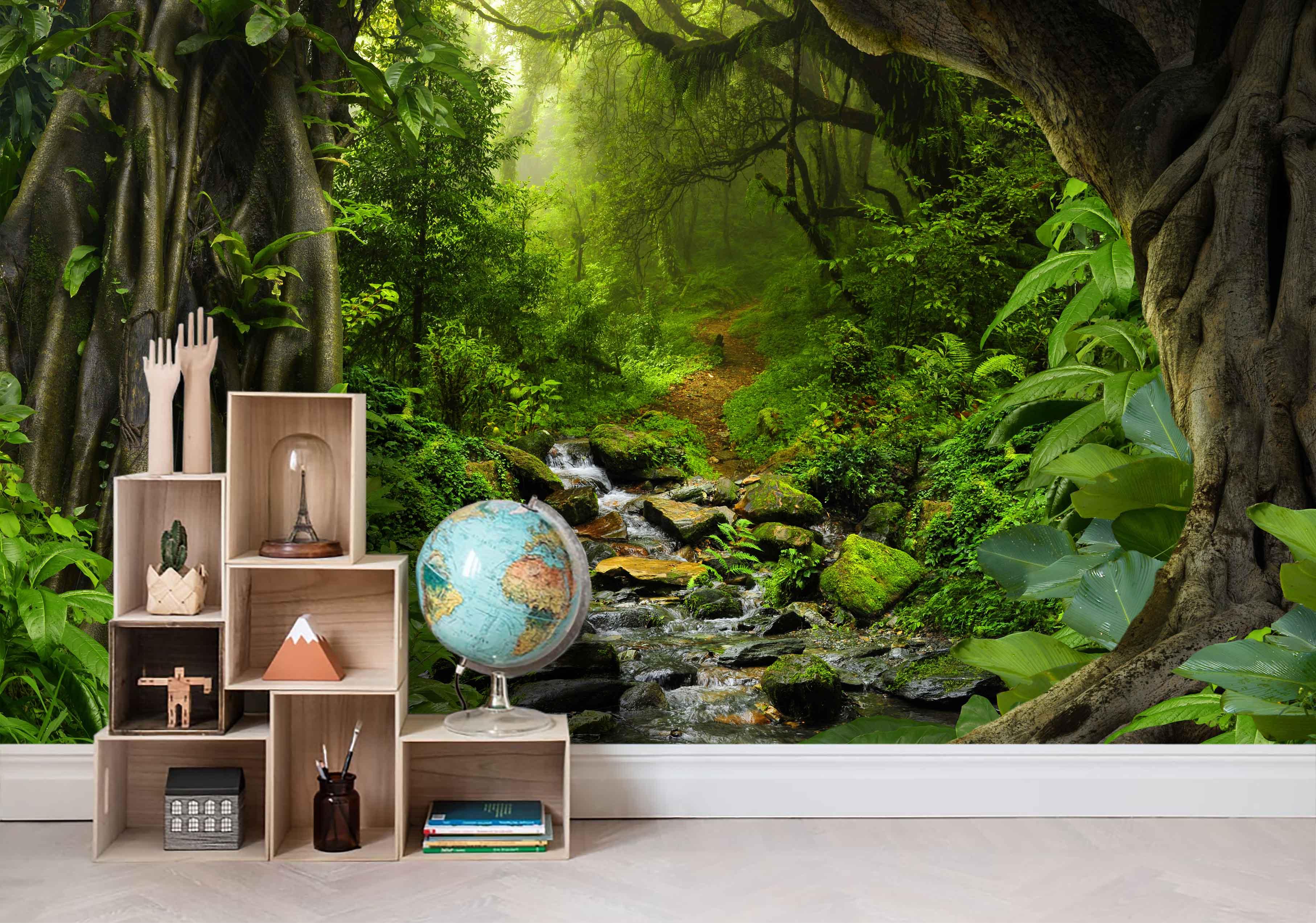 3D Hand Drawn Tropical Virgin Forest Deep Green Plant Creek Wall Mural Wallpaper GD 1816- Jess Art Decoration