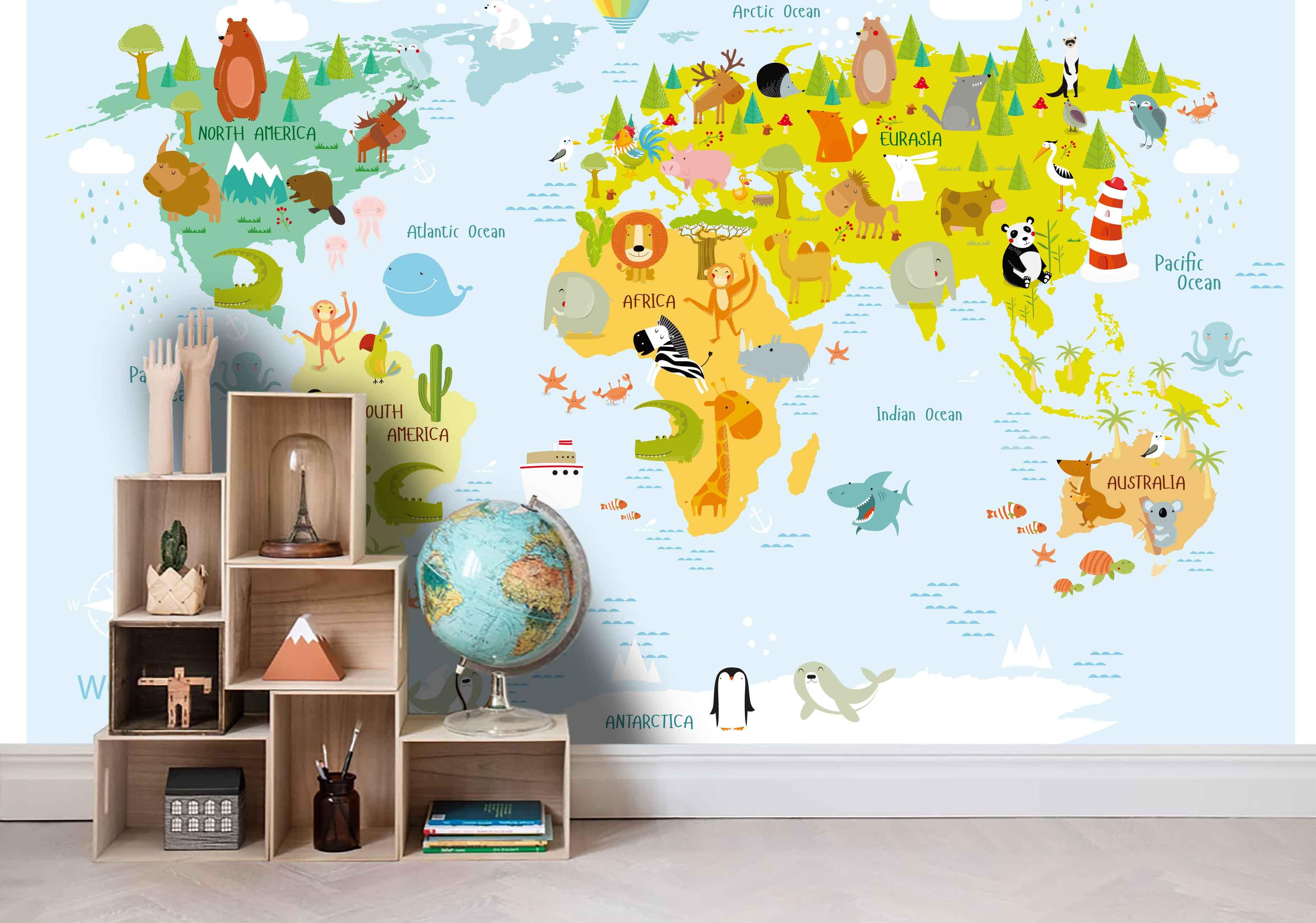 3D World Map Kids Wall Mural Wallpaper LQH 126- Jess Art Decoration