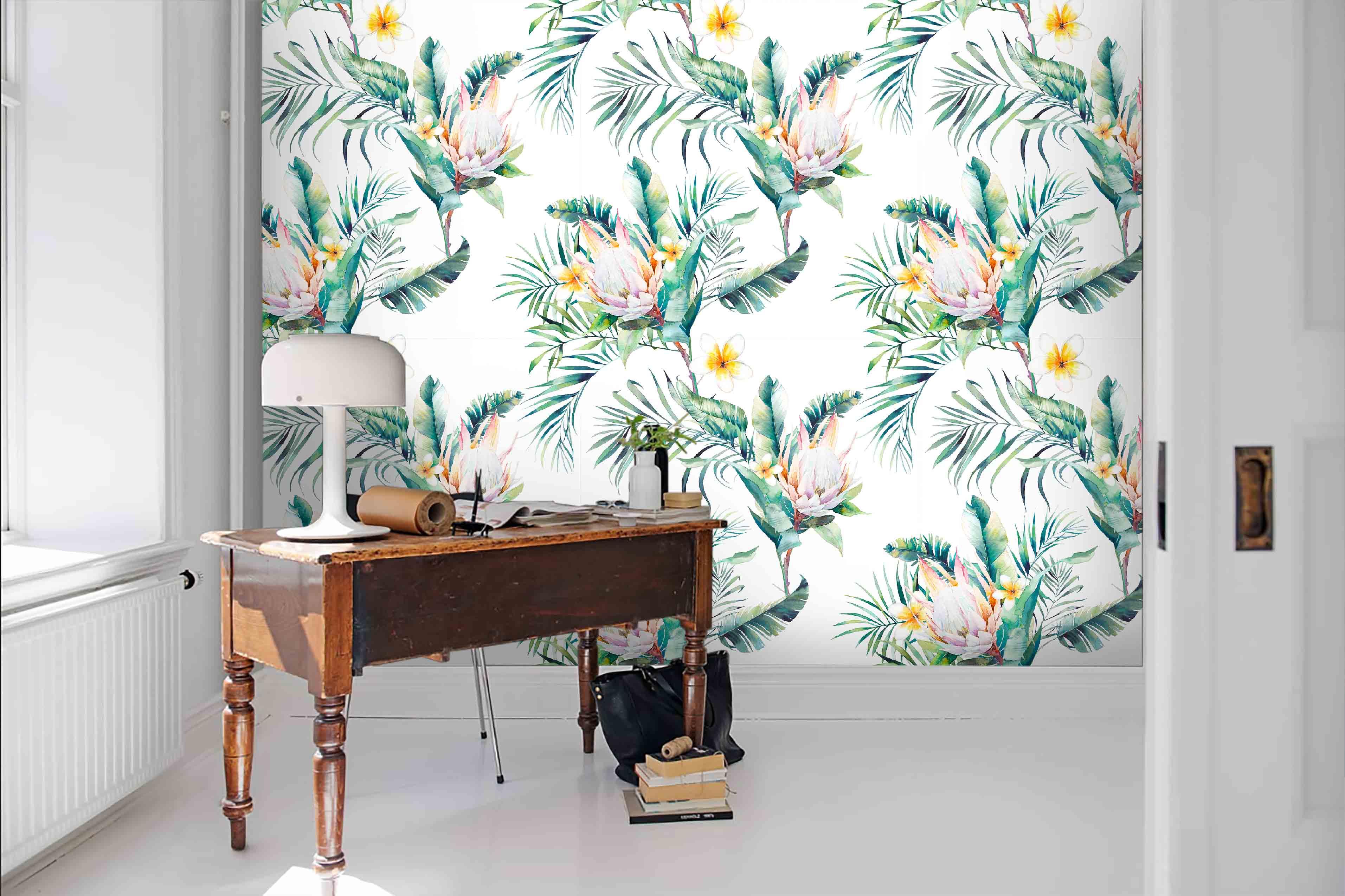 3D White Background Tropical Plants Flowers Wall Mural Wallpaper 100- Jess Art Decoration