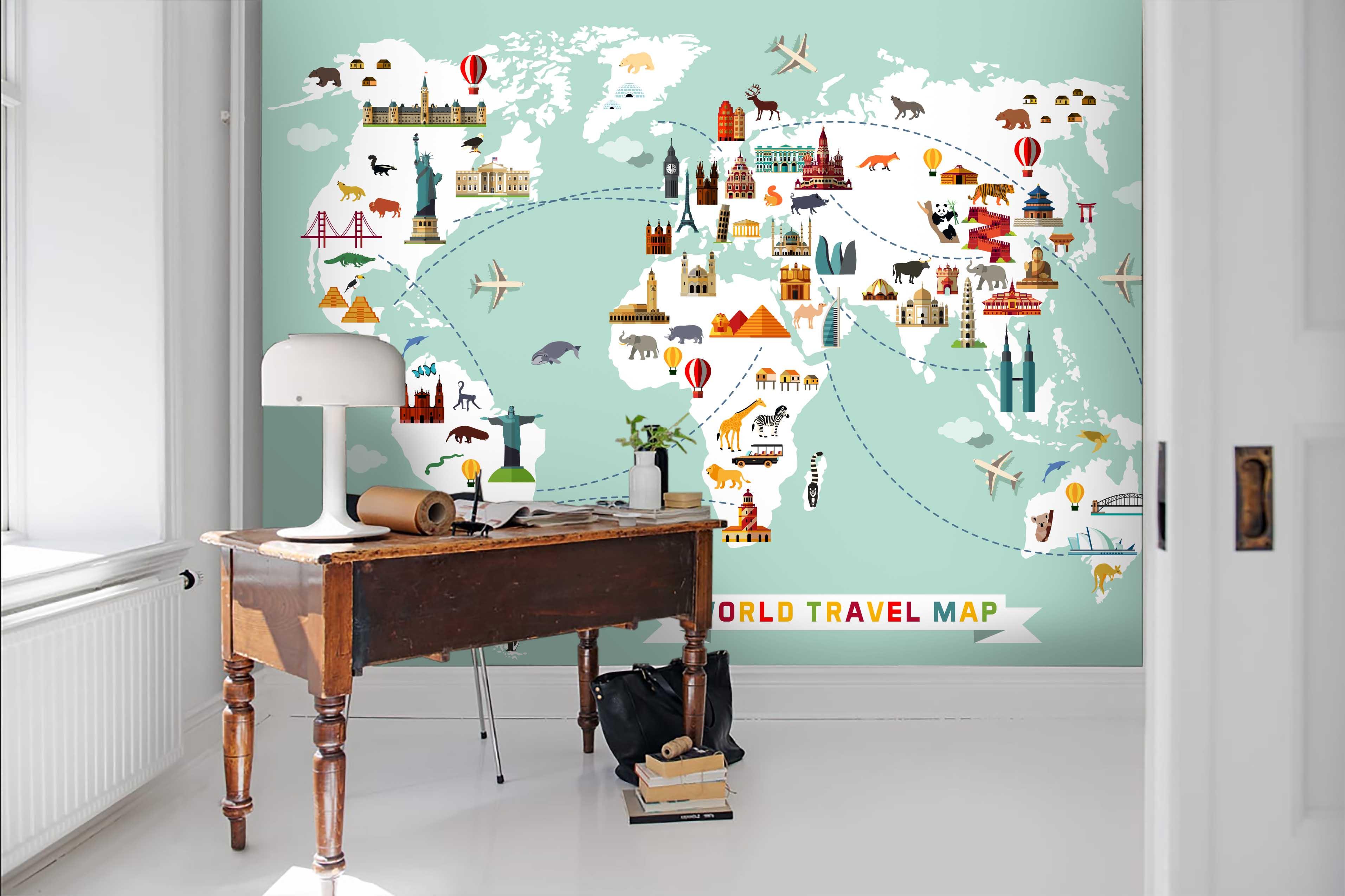 3D Hand Drawn World Map Cartoon Animals Historic Sites Vehicles Wall Mural Wallpaper GD 1799- Jess Art Decoration