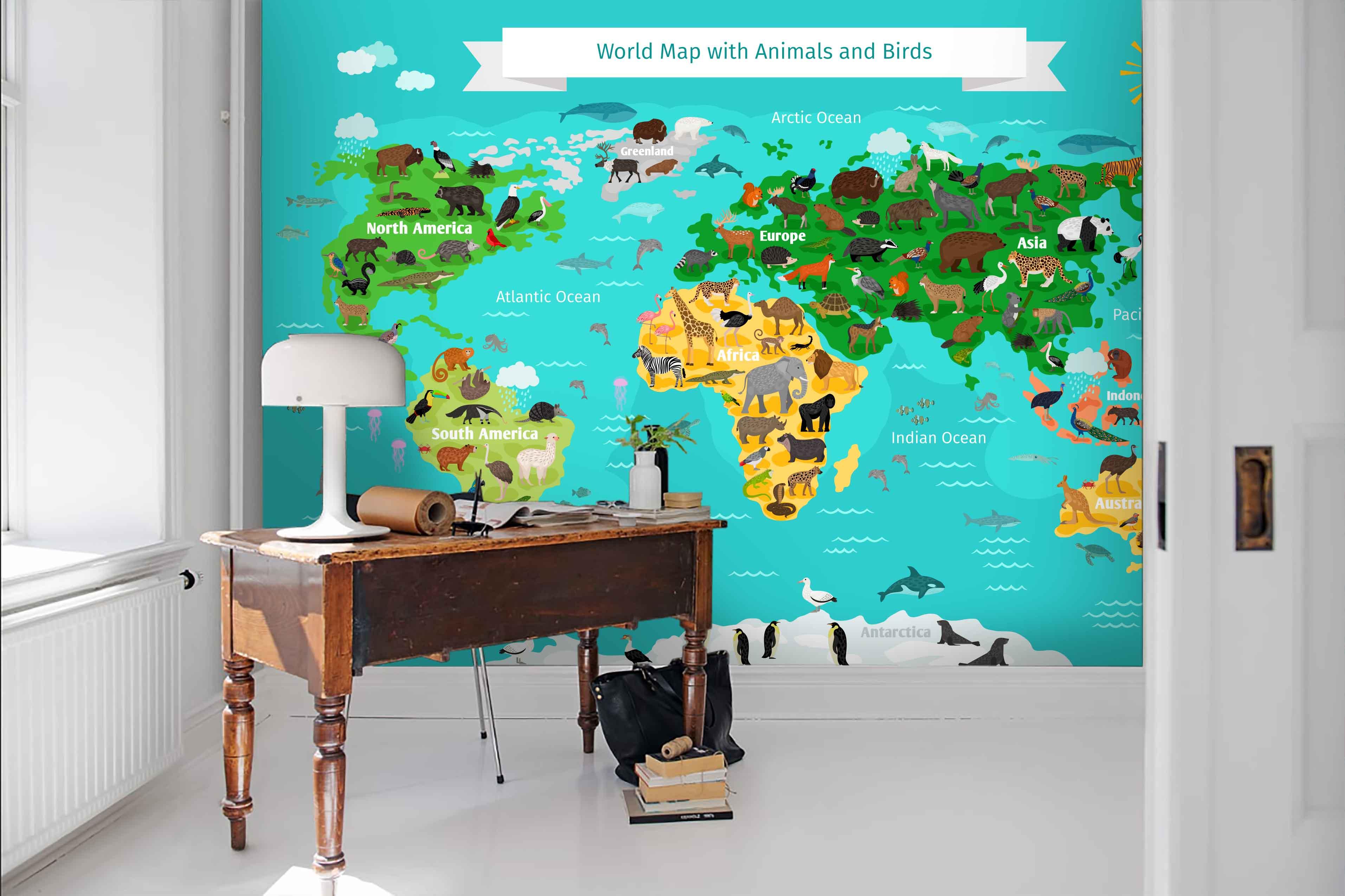 3D Cartoon World Map Green Background Wall Mural Wallpaper 80- Jess Art Decoration