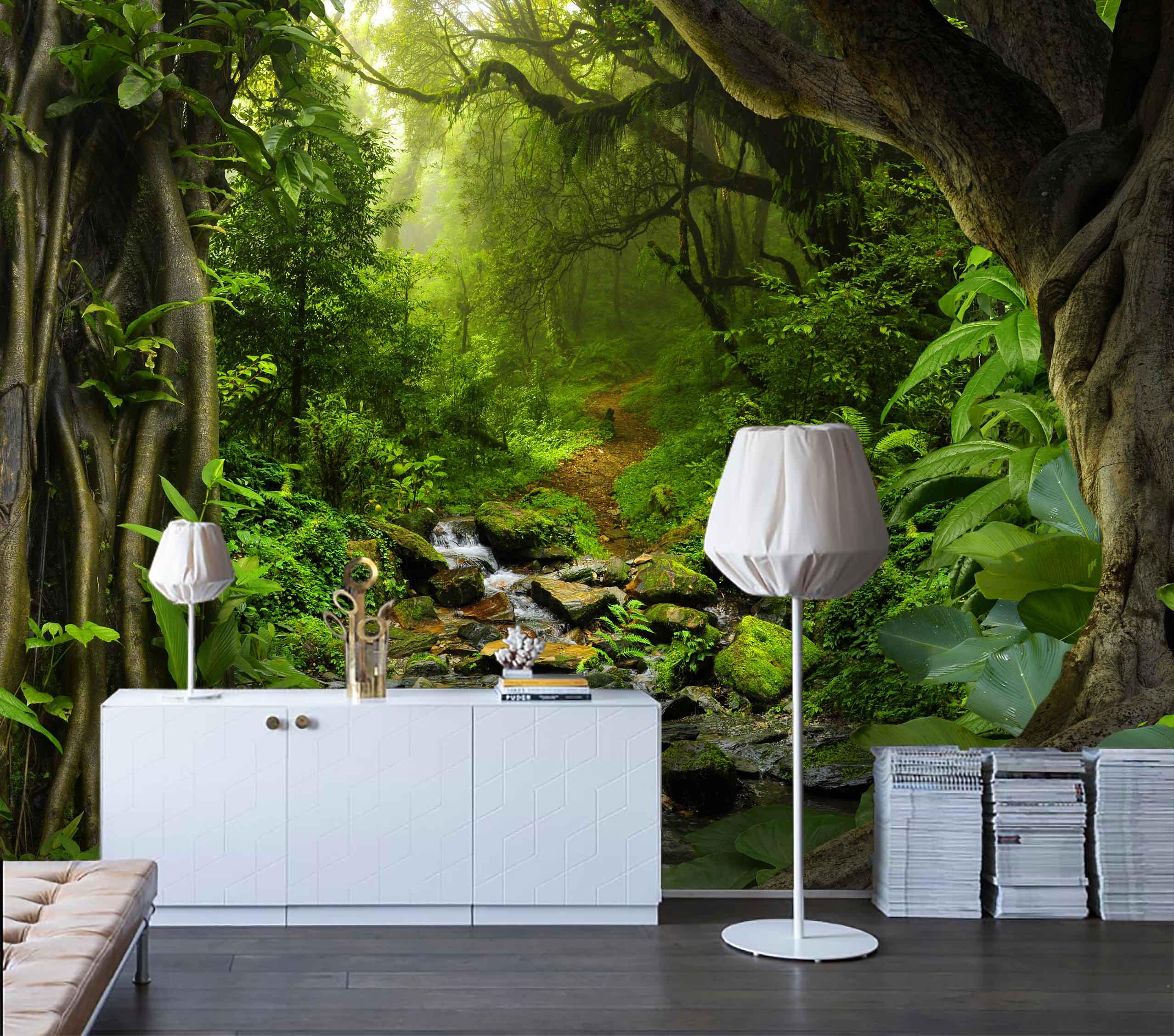 3D Hand Drawn Tropical Virgin Forest Deep Green Plant Creek Wall Mural Wallpaper GD 1816- Jess Art Decoration